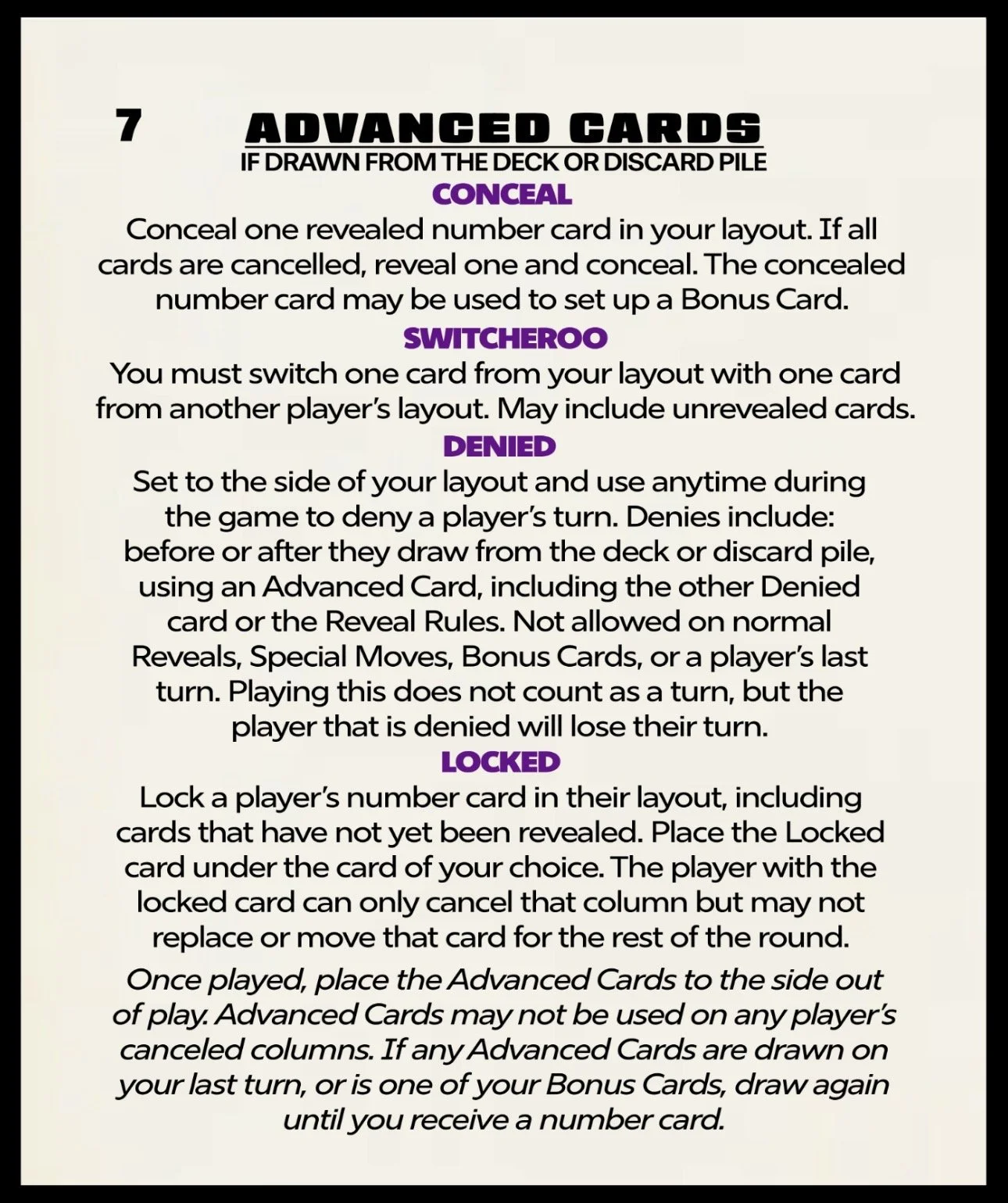 Guidelines for advanced cards in a card game, including conceal, switcheroo, denied, and locked options.