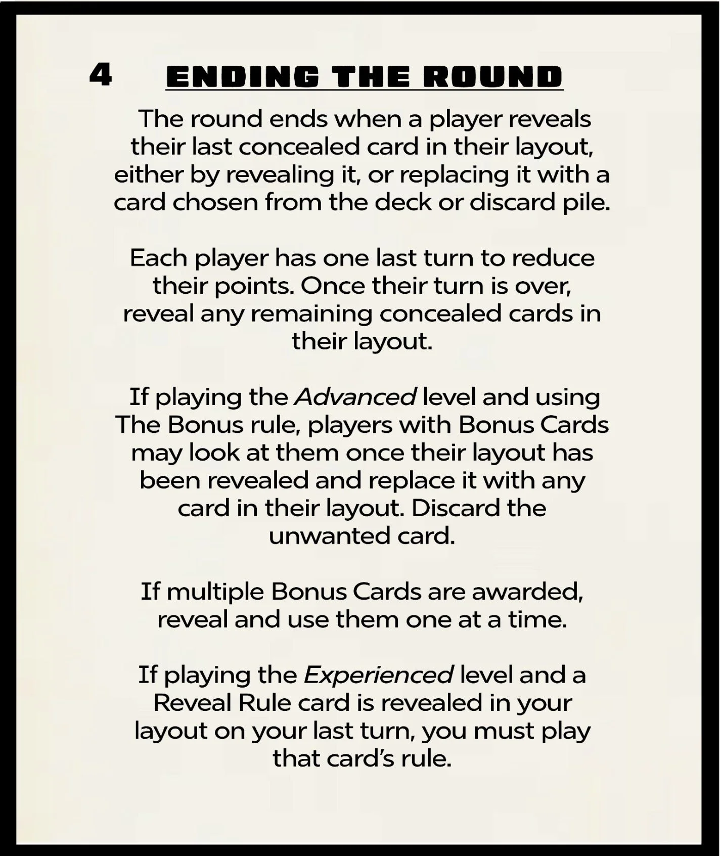 Instructions for ending a round in a game, explaining how players reveal their last concealed card, including rules for bonus and reveal rule cards.
