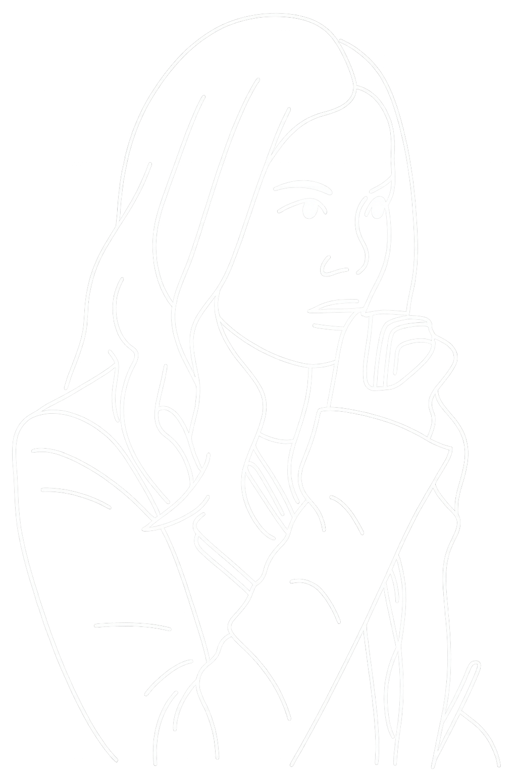 Line drawing of a woman with long hair holding a phone to her face, looking thoughtful.