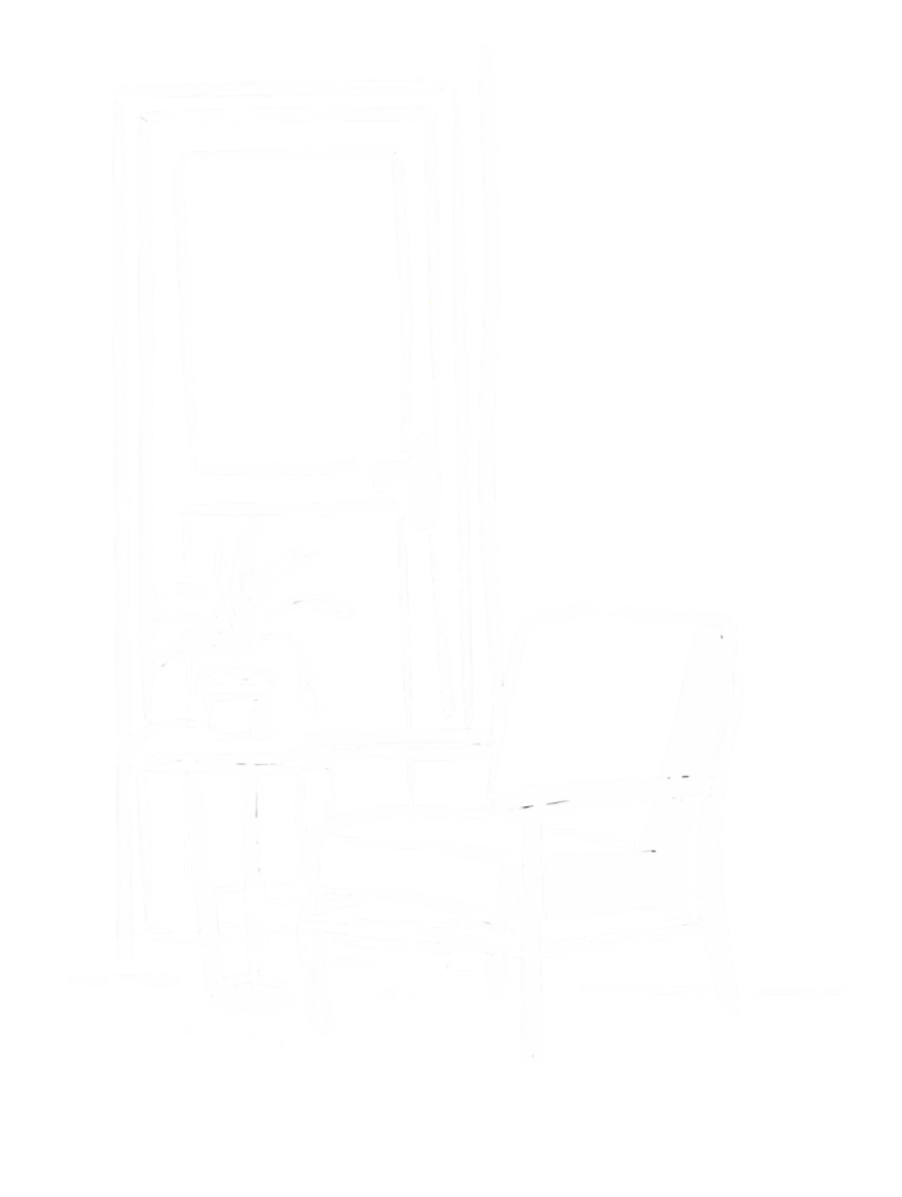 Line drawing of a room corner with a window, a potted plant on a side table, and a cushioned armchair.