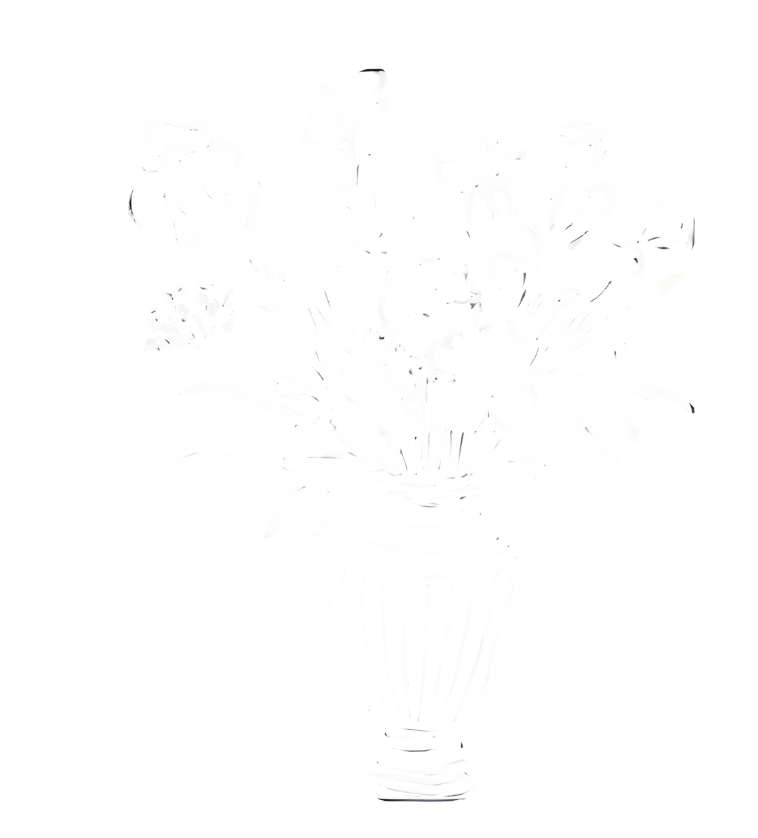 A white illustration of a flower arrangement in a striped vase on a black background.