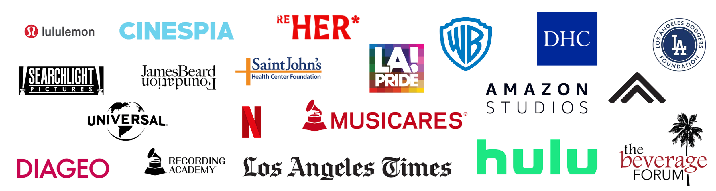 Collage of logos from various media companies and organizations including Cinespia, Warner Bros, DHC, Lululemon, Searchlight Pictures, Saint Louis, LA Pride, Amazon Studios, Los Angeles Times, Diageo, Hulu, Beverages, and others.