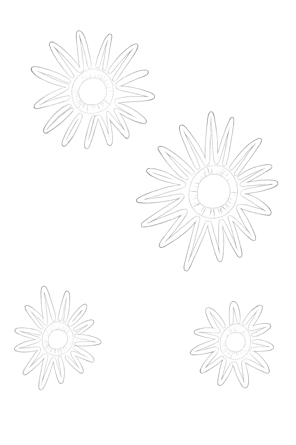 Four white starburst shapes with numerous elongated points on a black background.