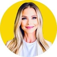 Portrait of a smiling young woman with long blonde hair, wearing a white top, against a yellow circular background.