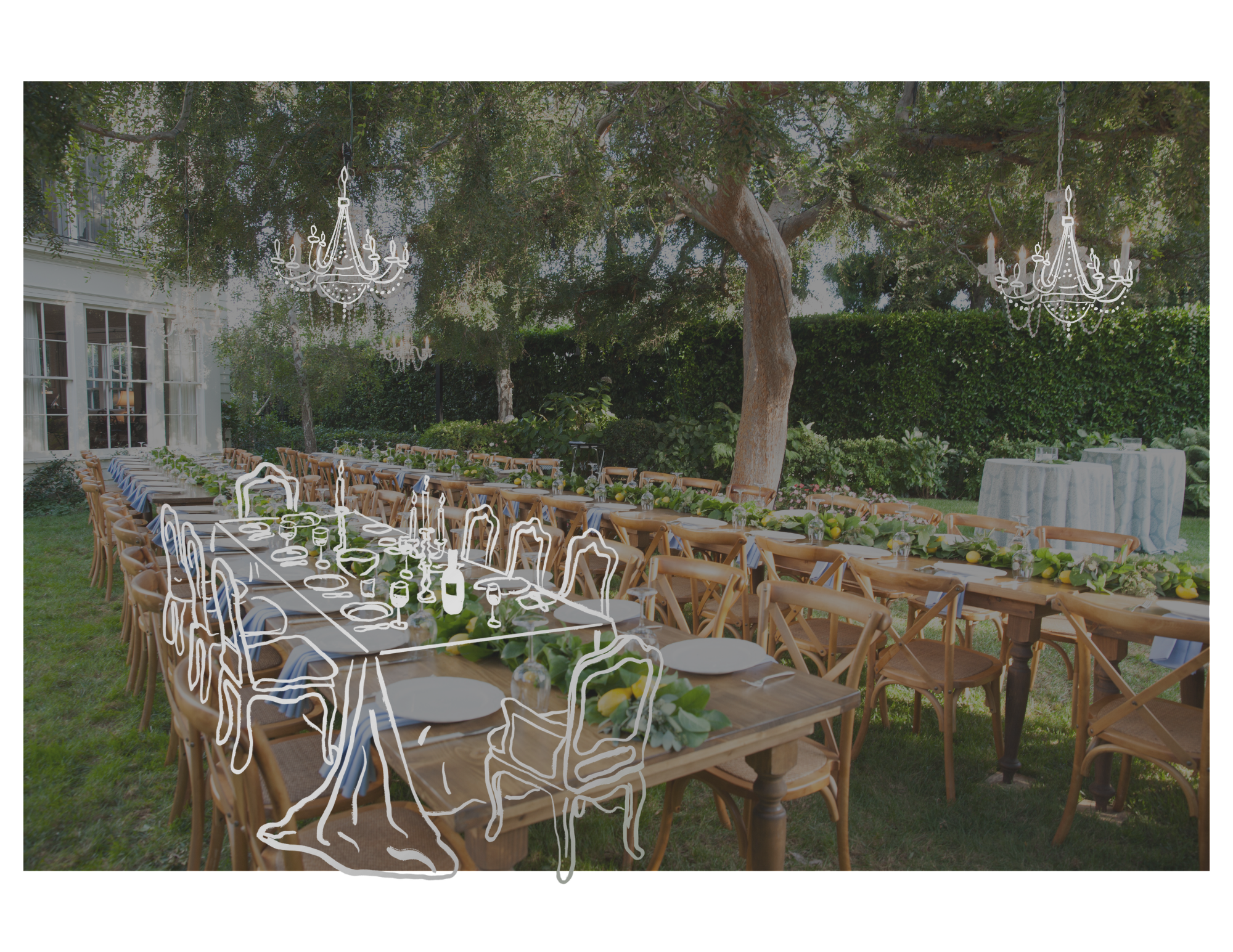 Outdoor wedding reception setup with long wooden tables, chairs, floral centerpieces, chandeliers hanging from trees, and a lush green garden background.