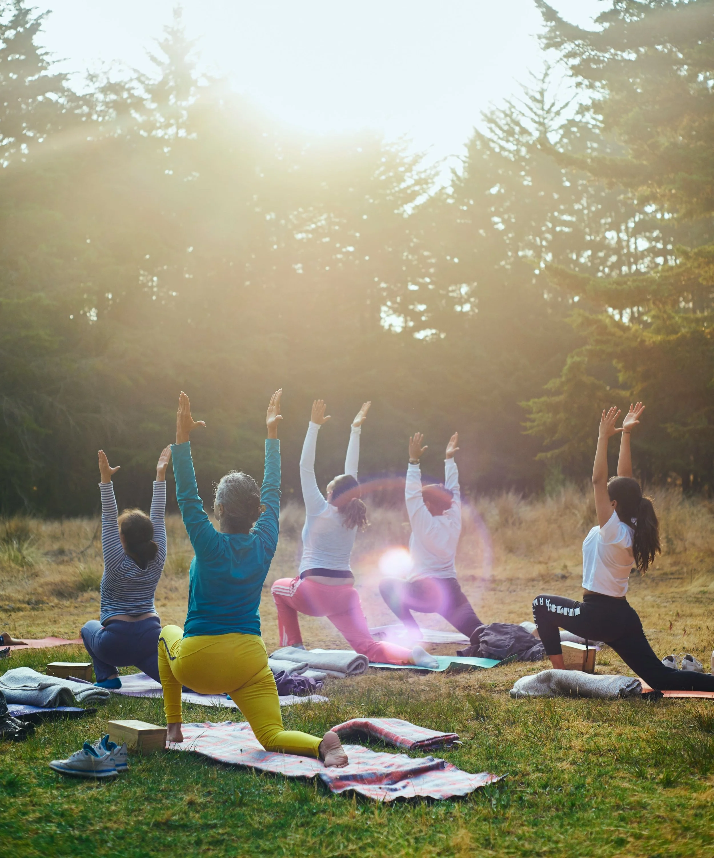 Groupe de personnes pratiquant le yoga en plein air dans une forêt au lever du soleil.