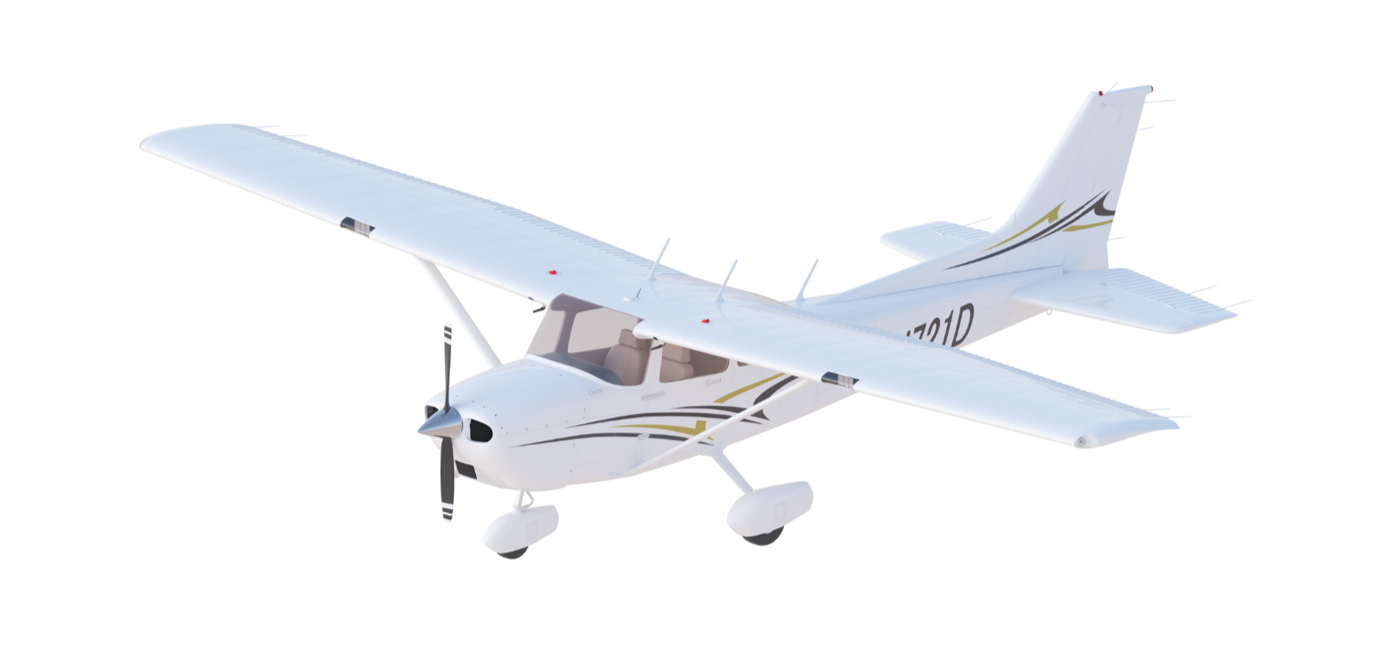 A white small aircraft with gold and black stripe accents, high wings, and a single propeller, captured in mid-flight against a transparent background.