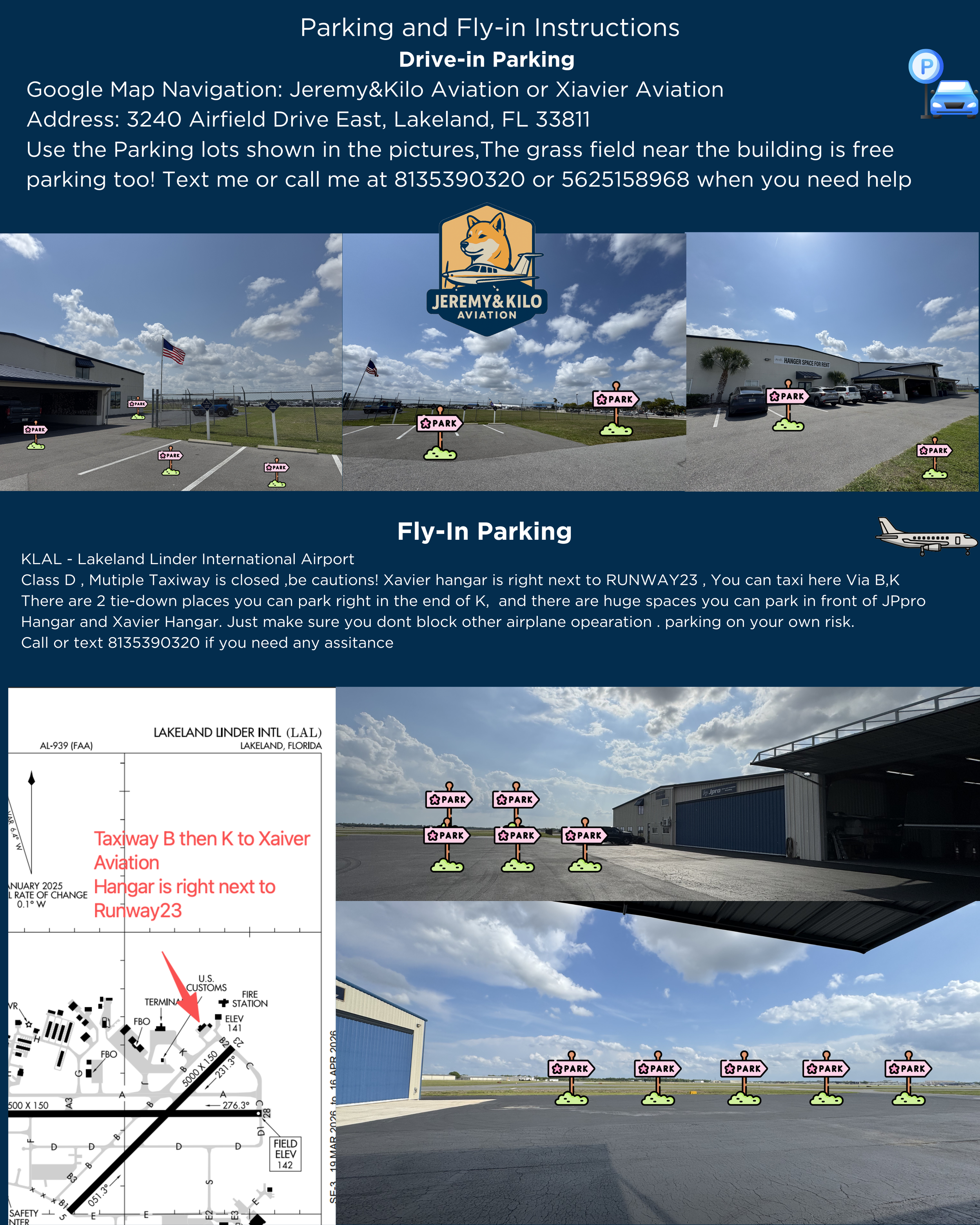 Sign with instructions for parking and fly-in directions at Lakeland Linder International Airport, showing parking lots and airplane hangars with additional maps and guidance for parking and taxi routes.
