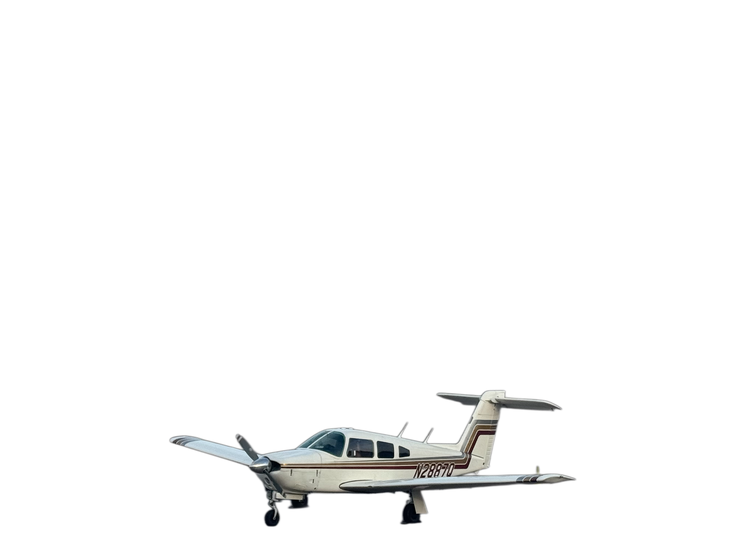 A small, white propeller airplane with a nose landing gear, wings, and a T-tail against a black background.