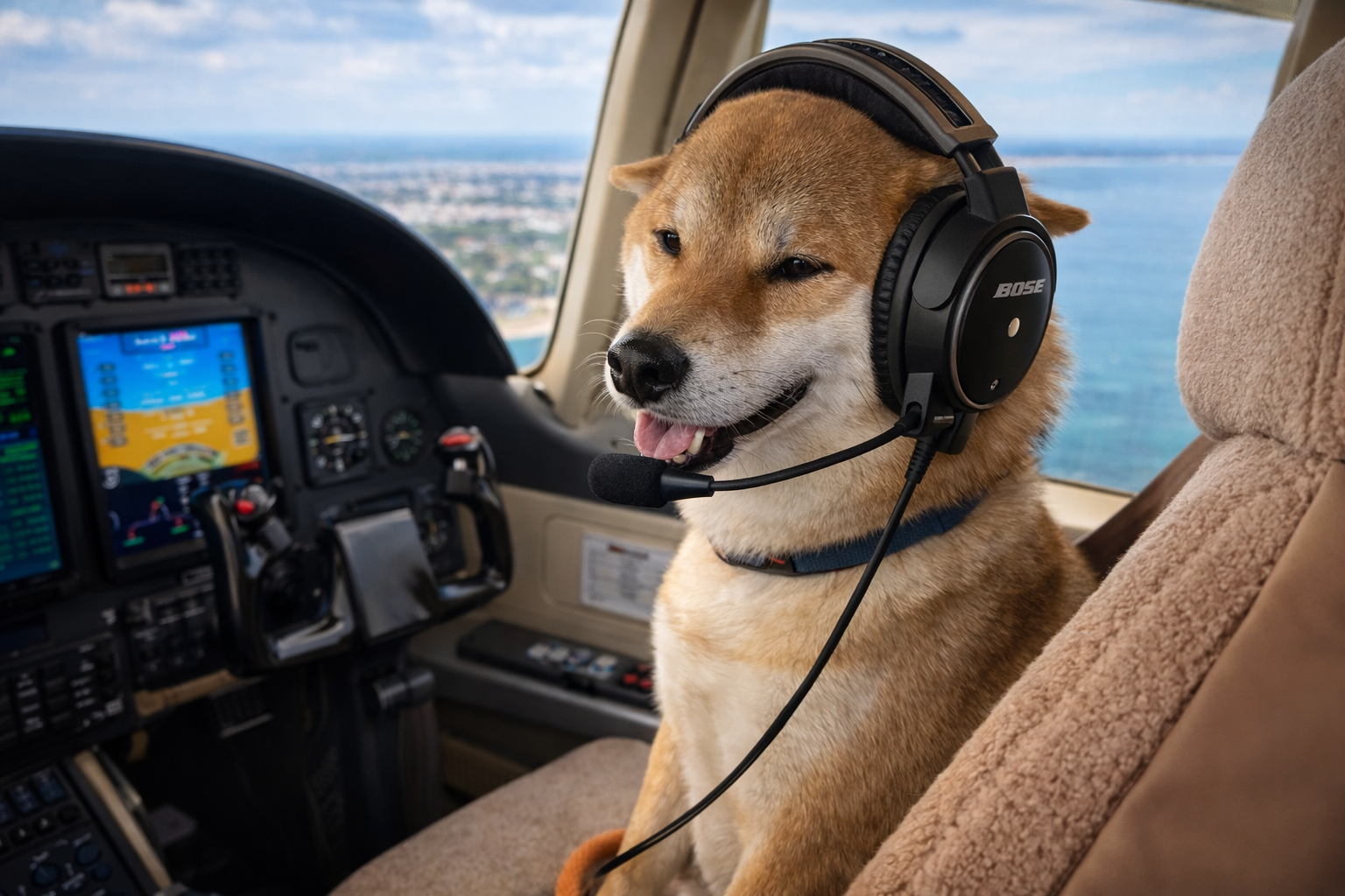 A dog wearing a headset sitting in the pilot seat of an aircraft cockpit with a view of water and land outside the window.