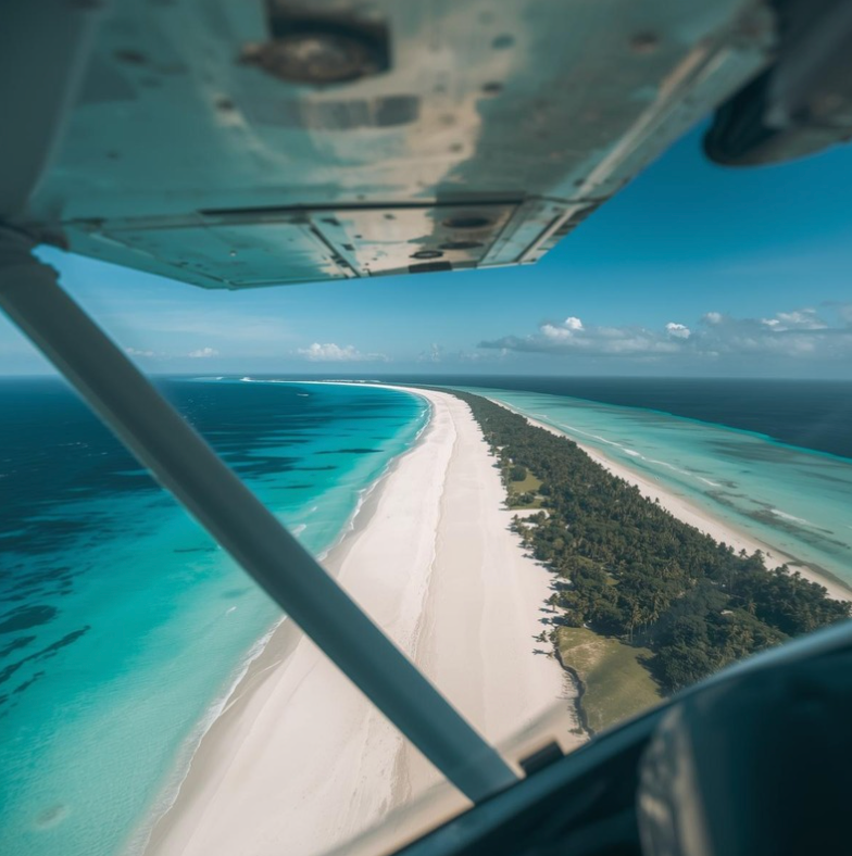 Aerial view of a white sand beach with turquoise water on one side and a lush green island with trees on the other, seen from an airplane flying overhead.