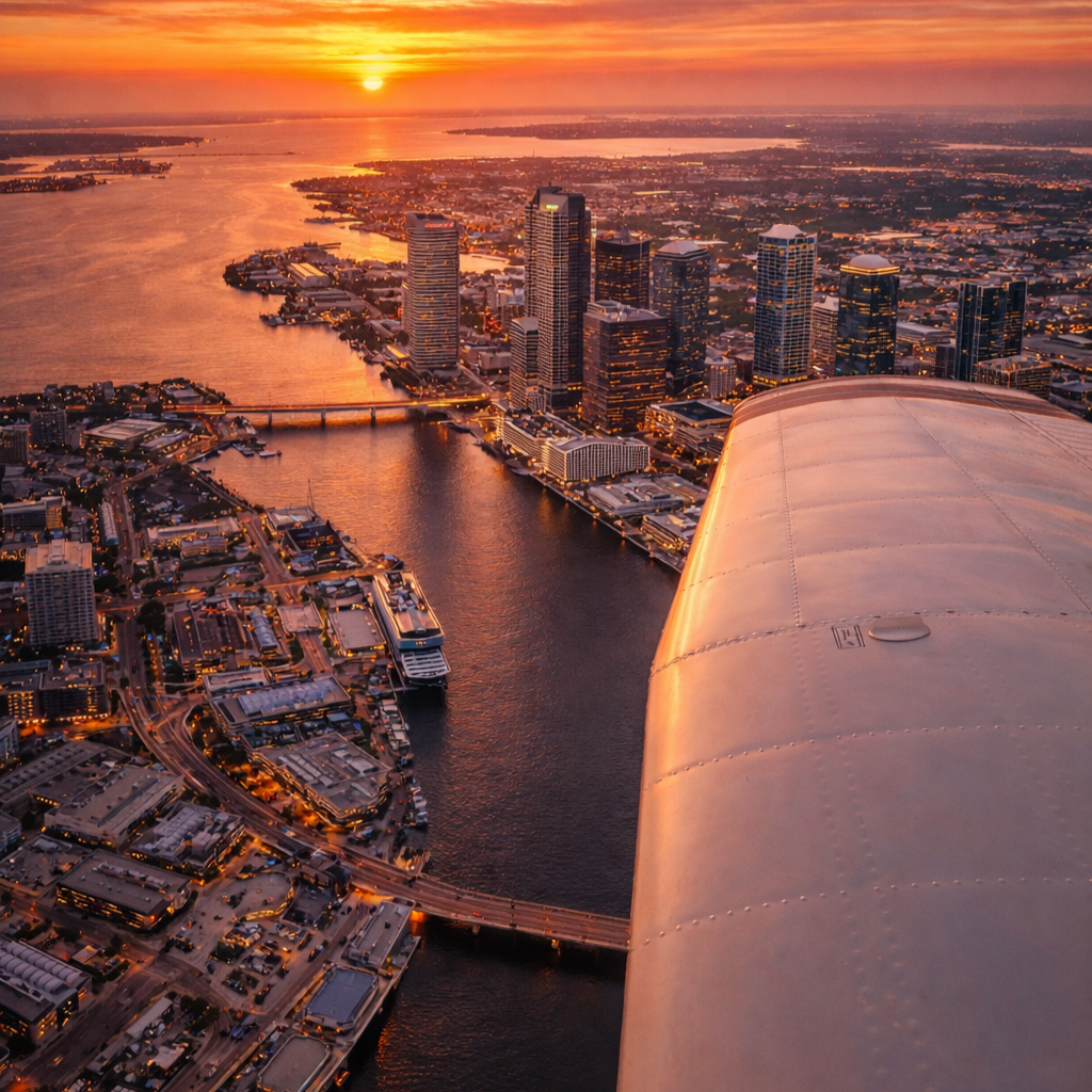 Aerial view of downtown city skyline at sunset with tall buildings, highways, and parking lots.