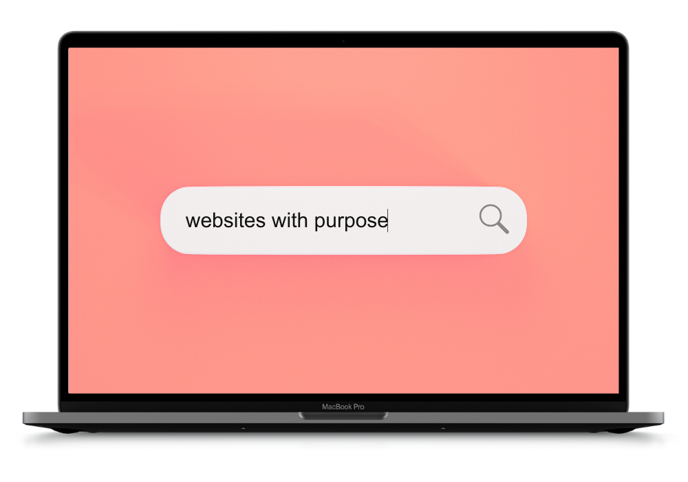 Laptop displaying a search bar with the text "websites with purpose" and a search icon on a pink background.