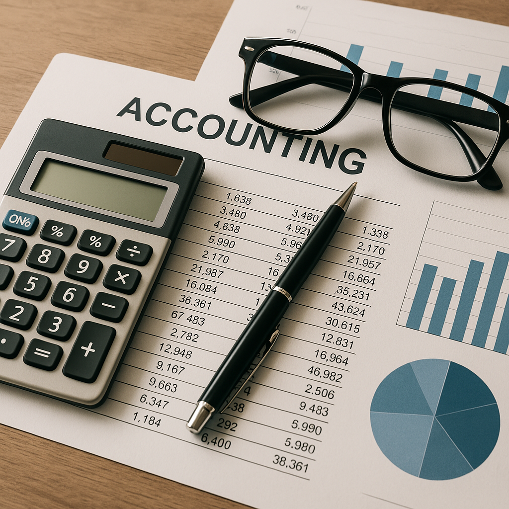 An accounting report on a wooden desk with a calculator, black glasses, and a pen. The report contains financial data, graphs, and a pie chart.
