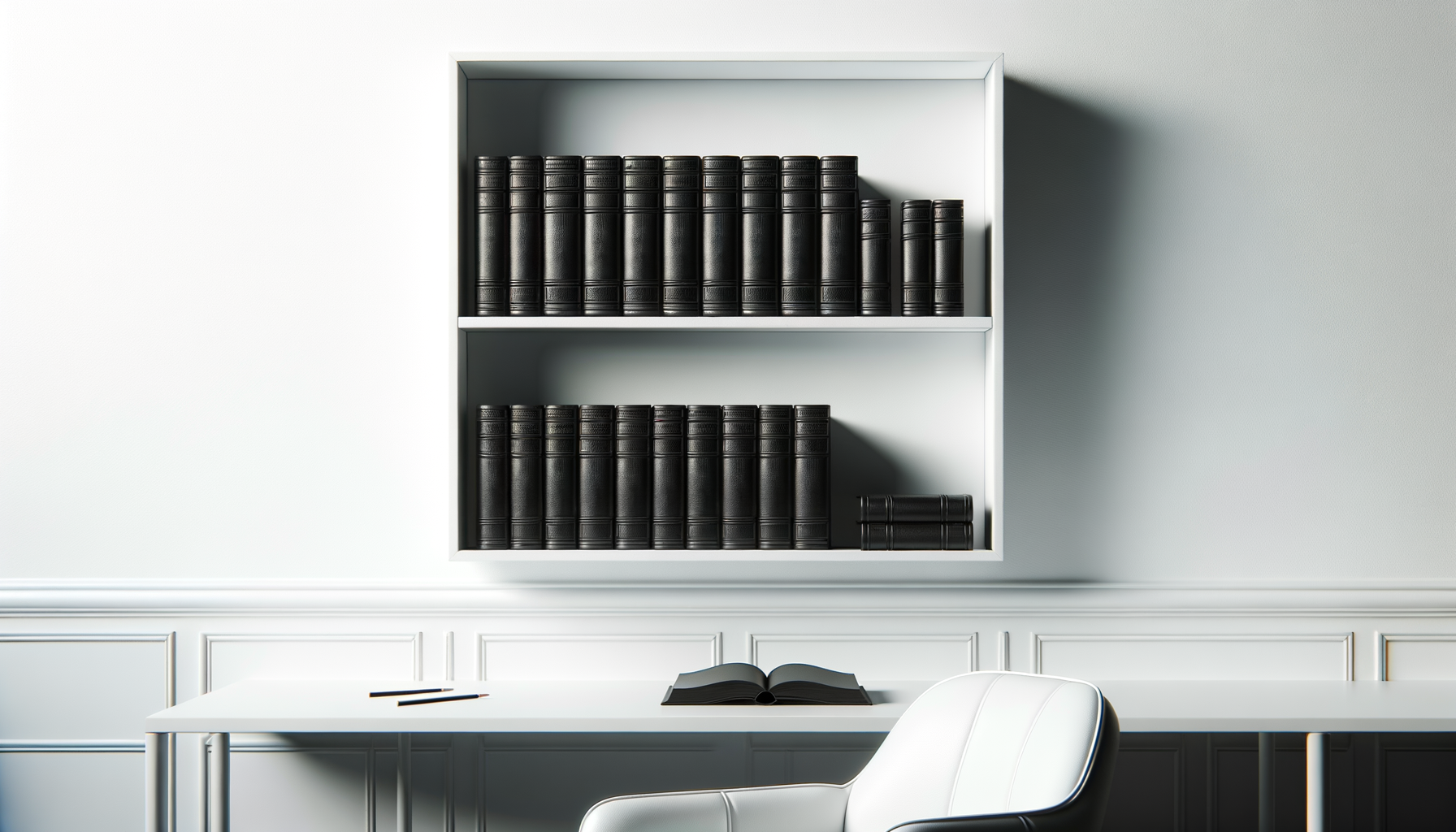 Modern office with white walls and furniture, a white desk with an open book and markers, a white chair, and a bookshelf with black leather-bound books.