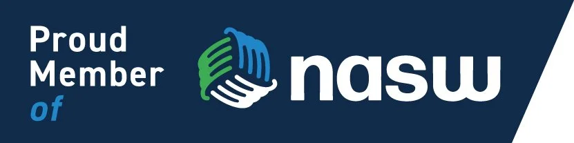 Proud member of NASW logo with NASW text and a graphic of interconnected lines in blue, green, and white.