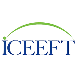 Logo of ICEF with stylized blue letters and green curved lines.