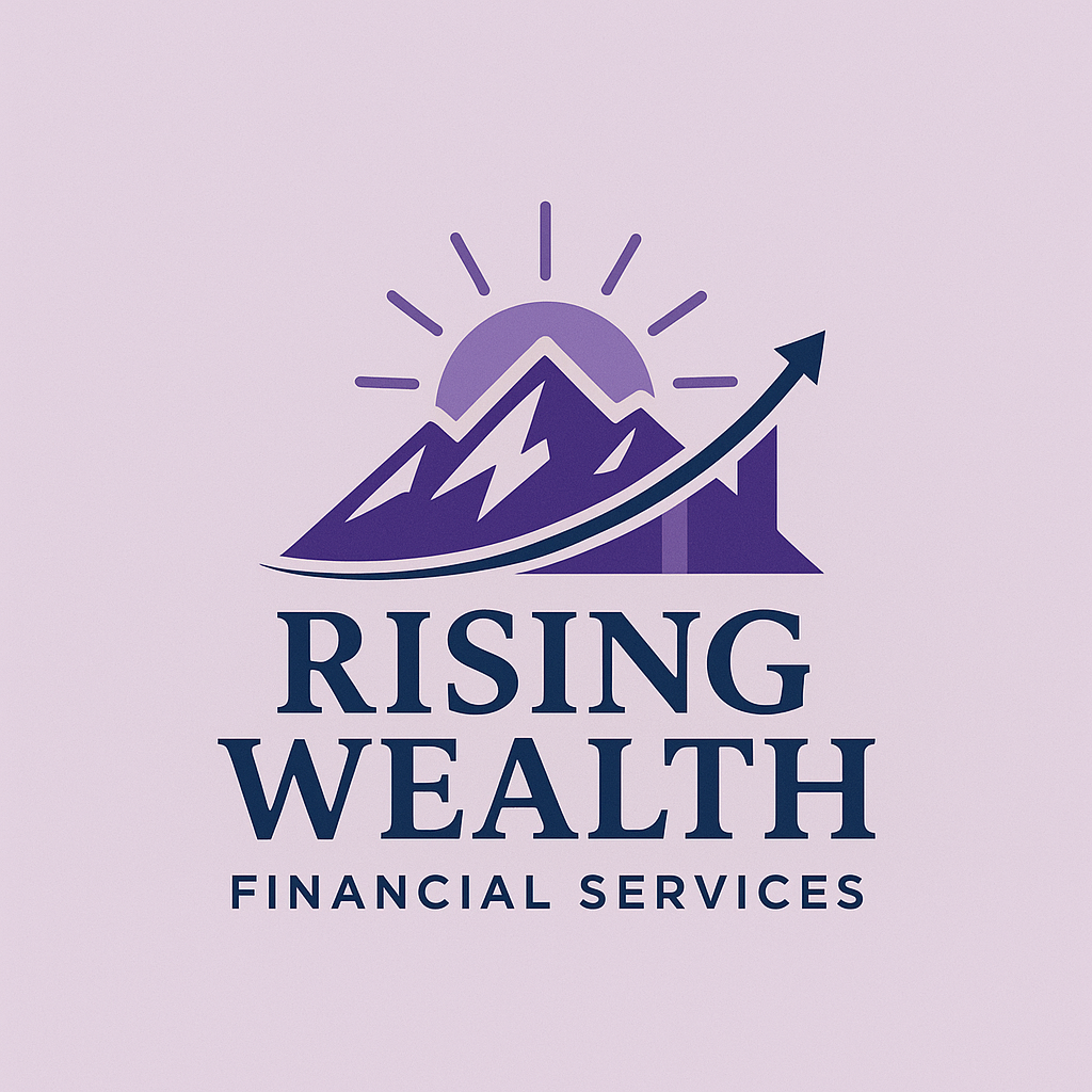Logo for Rising Wealth Financial Services featuring a mountain with a rising sun and an upward arrow.