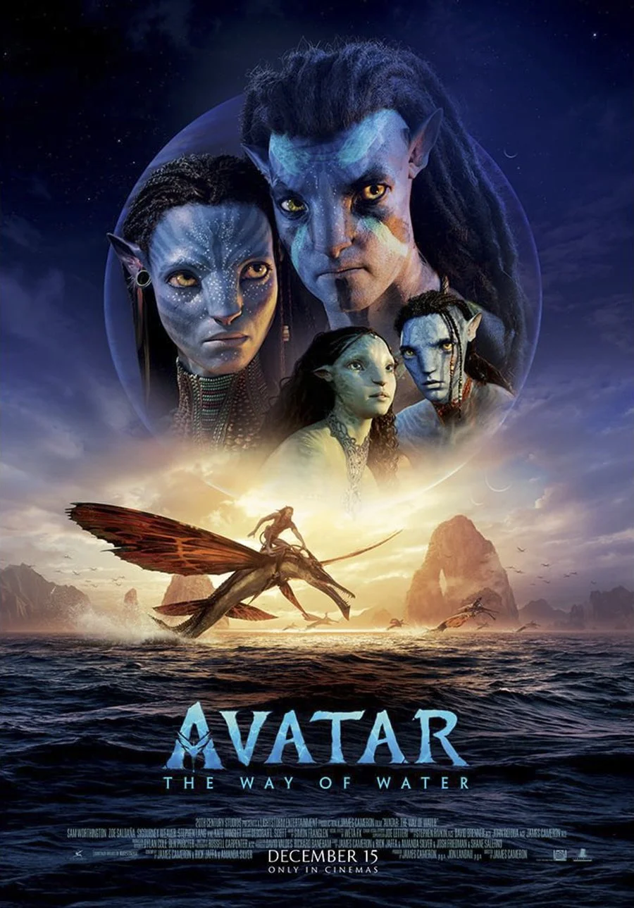 Movie poster for "Avatar: The Way of Water" featuring blue-skinned Na'vi characters with glowing eyes, a figure riding a flying creature over an ocean with rocky islands in the background, and the film's release date December 15 at the bottom.