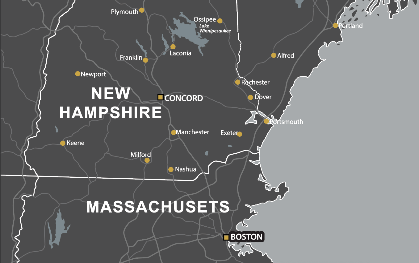 Map of New Hampshire and Massachusetts showing major cities and lakes. Cities include Concord, Manchester, Nashua, Portsmouth, and Boston, with lakes such as Lake Winnipesaukee in Ossipee.