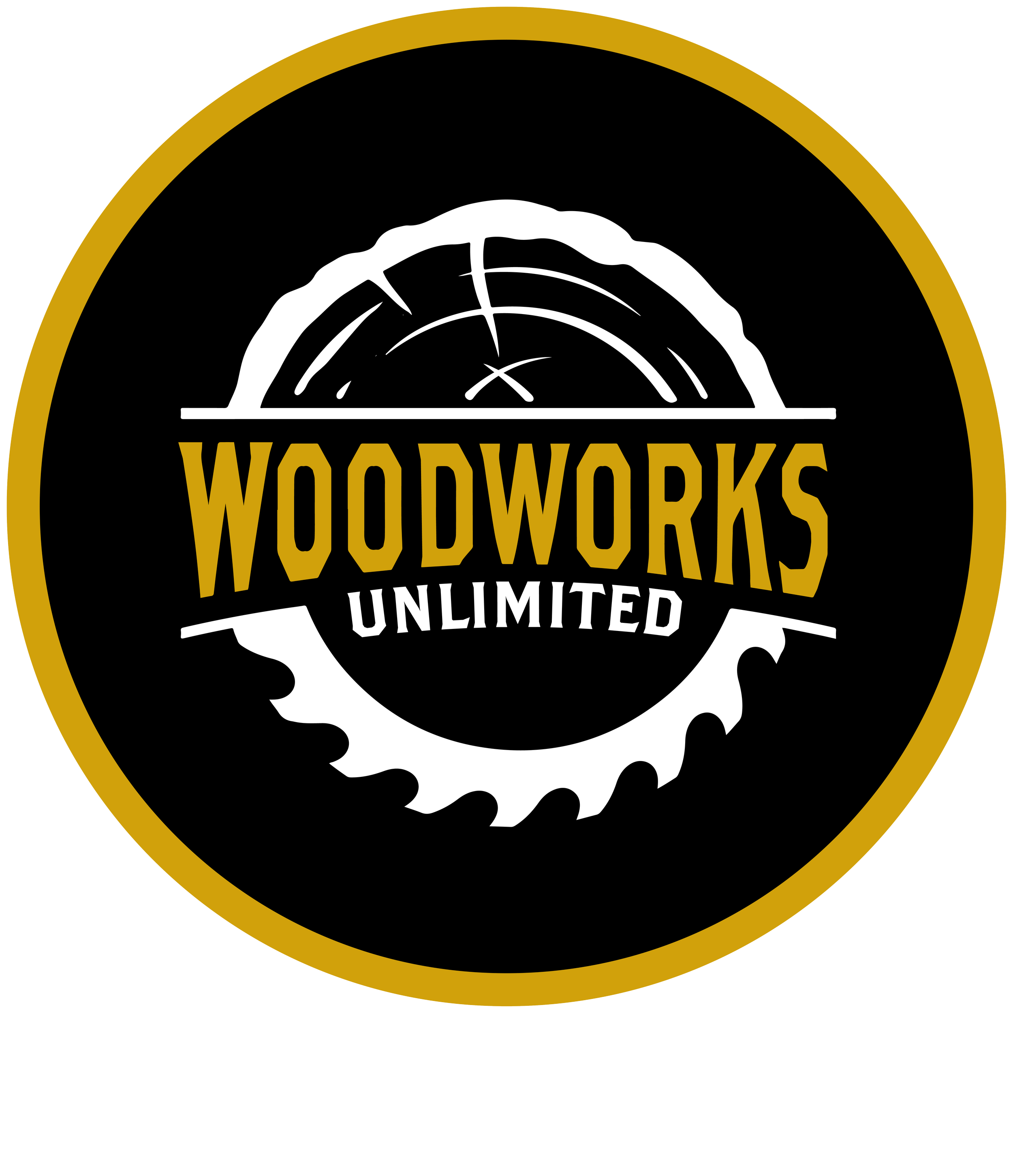 Logo for Woodworks Unlimited featuring a circular saw blade and a tree trunk cross-section with text.
