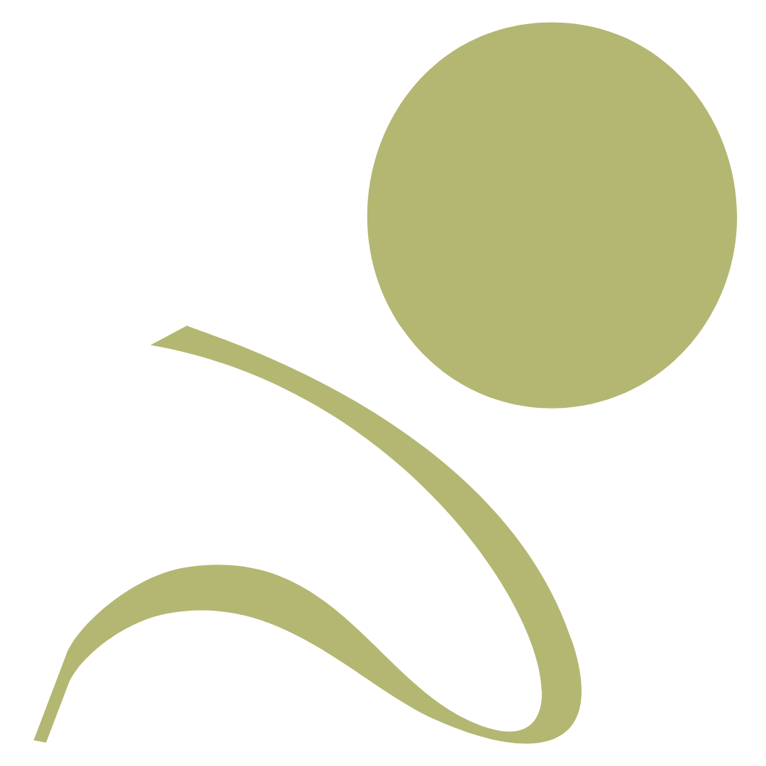 An abstract graphic of a flower with a large round bloom and two curved leaves, in light greenish color.