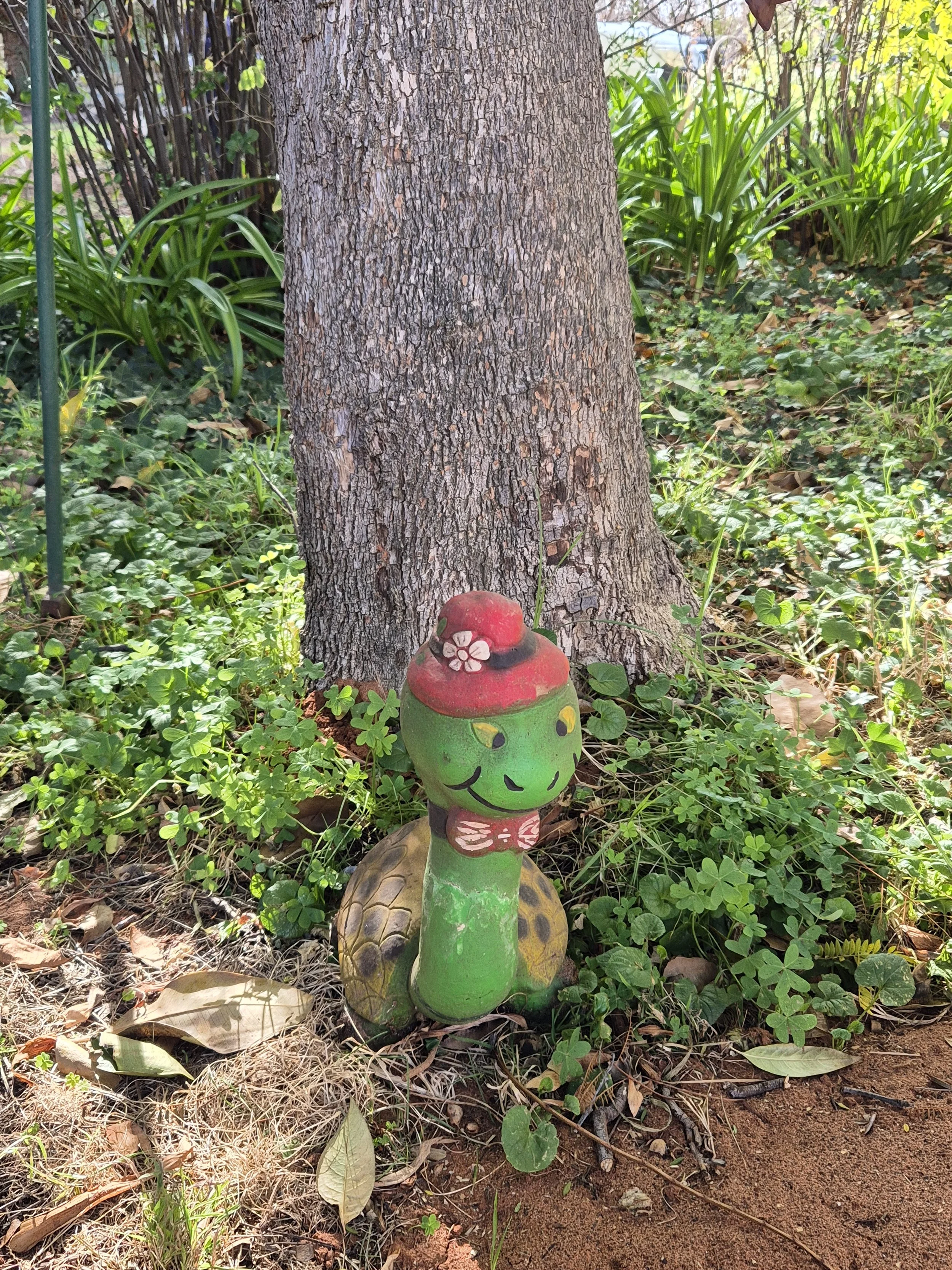 Colorful garden ornament of a turtle with a smiling face, wearing a red hat with a white flower, located at the base of a tree among green plants.