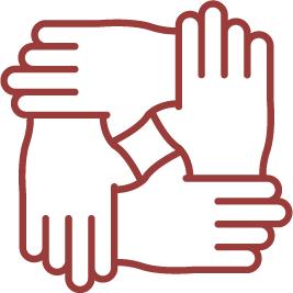 Four hands interconnected in a square formation, symbolizing teamwork or collaboration.