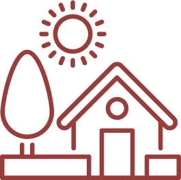 Simplified line drawing of a house with a tree and the sun overhead.