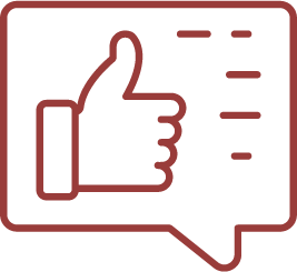 A thumbs-up icon inside a speech bubble with lines representing text, in a red outline on a black background