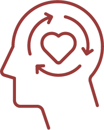 Outline of a human head with a heart and circular arrows inside, representing mental health or emotional well-being.