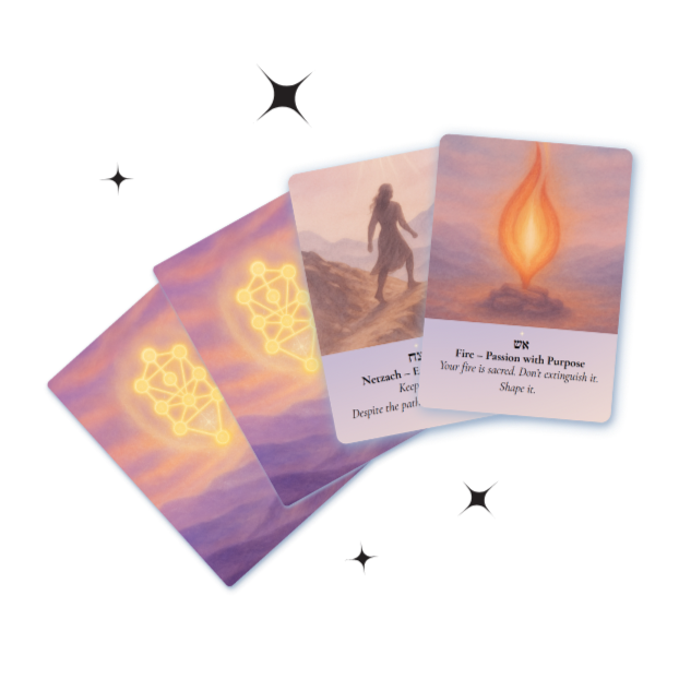 Four tarot cards featuring mystical and spiritual imagery, including a glowing symbol, a figure in nature, and a flame, with inspirational messages.