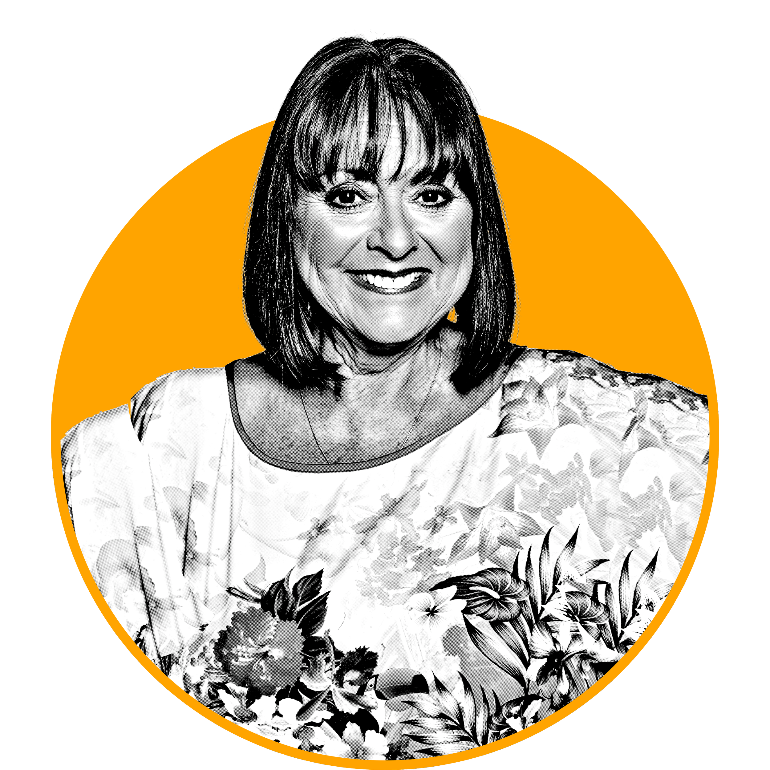 Black and white portrait of a woman with shoulder-length hair, smiling, wearing a floral-patterned blouse, with an orange circle background.