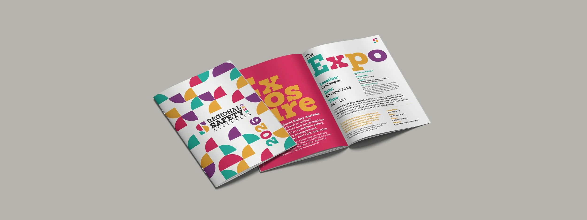 Open magazine spread with colorful geometric design, event information, and text reading 'Regional Safety Australia 2026' and details about the event.