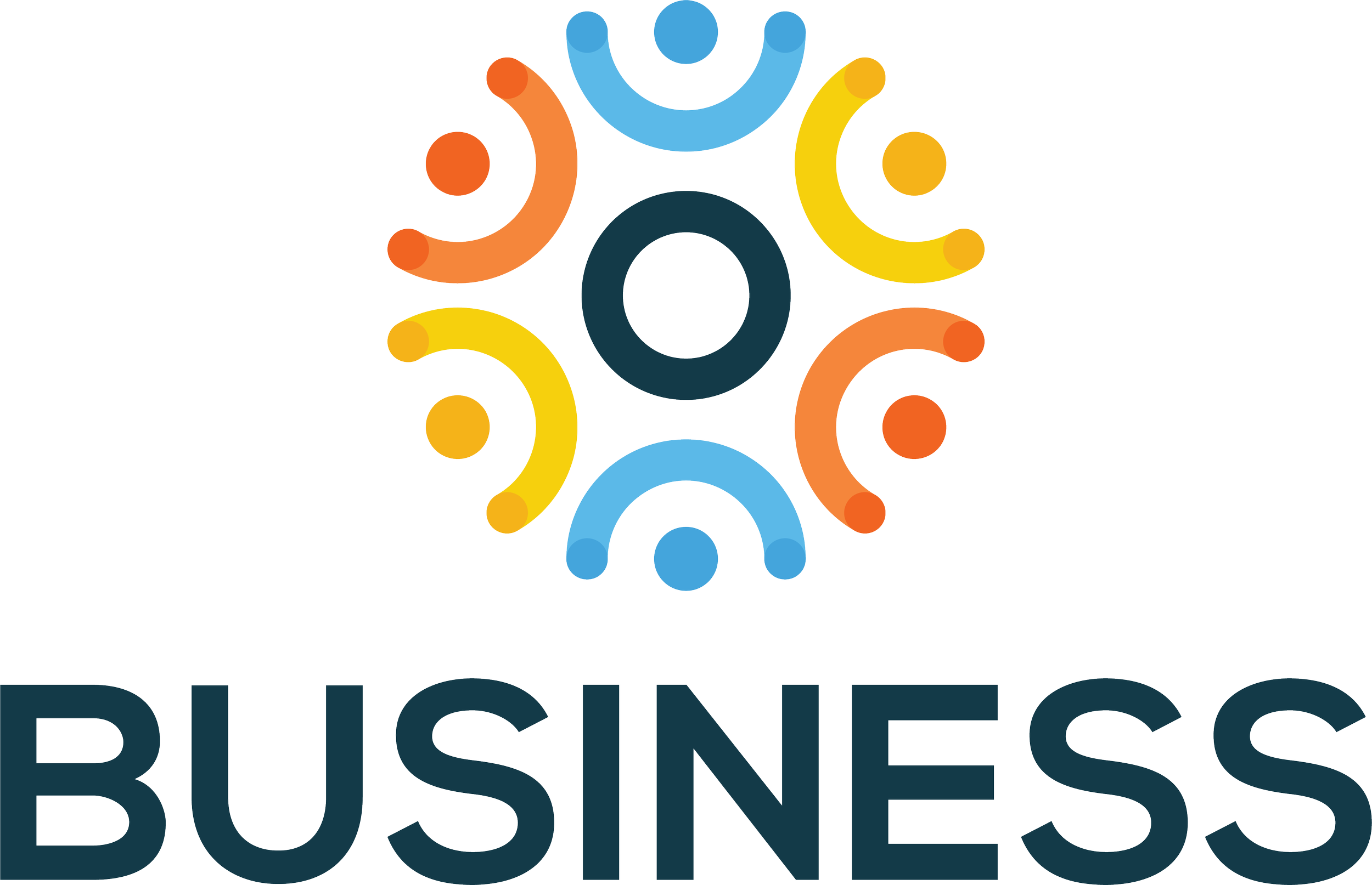 A colorful, abstract graphic with interconnected human figures in various colors such as blue, orange, yellow, and dark blue, surrounding the word 'BUSINESS' in bold letters.