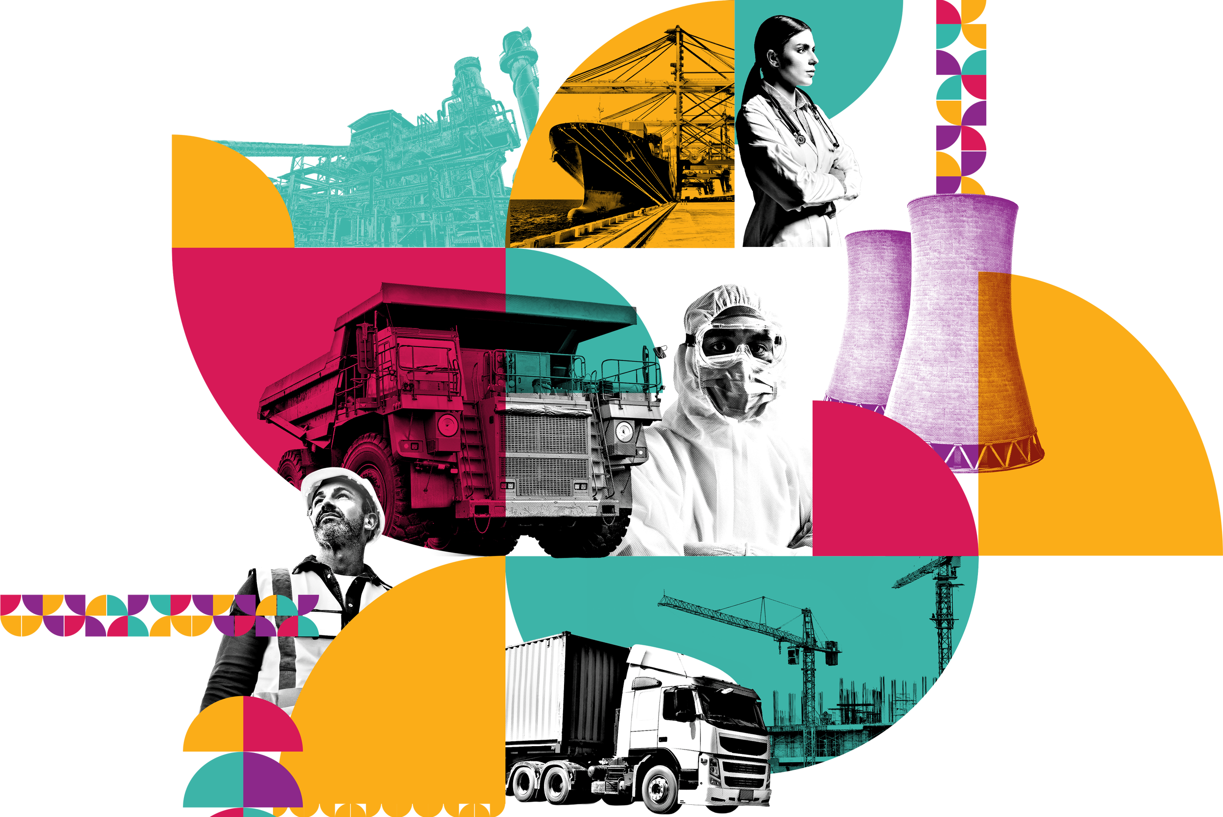 Collage depicting industrial and healthcare themes, including a cargo ship, a nurse in protective gear, construction cranes, a truck, an industrial worker, a scientist, and a healthcare professional, with colorful geometric backgrounds.