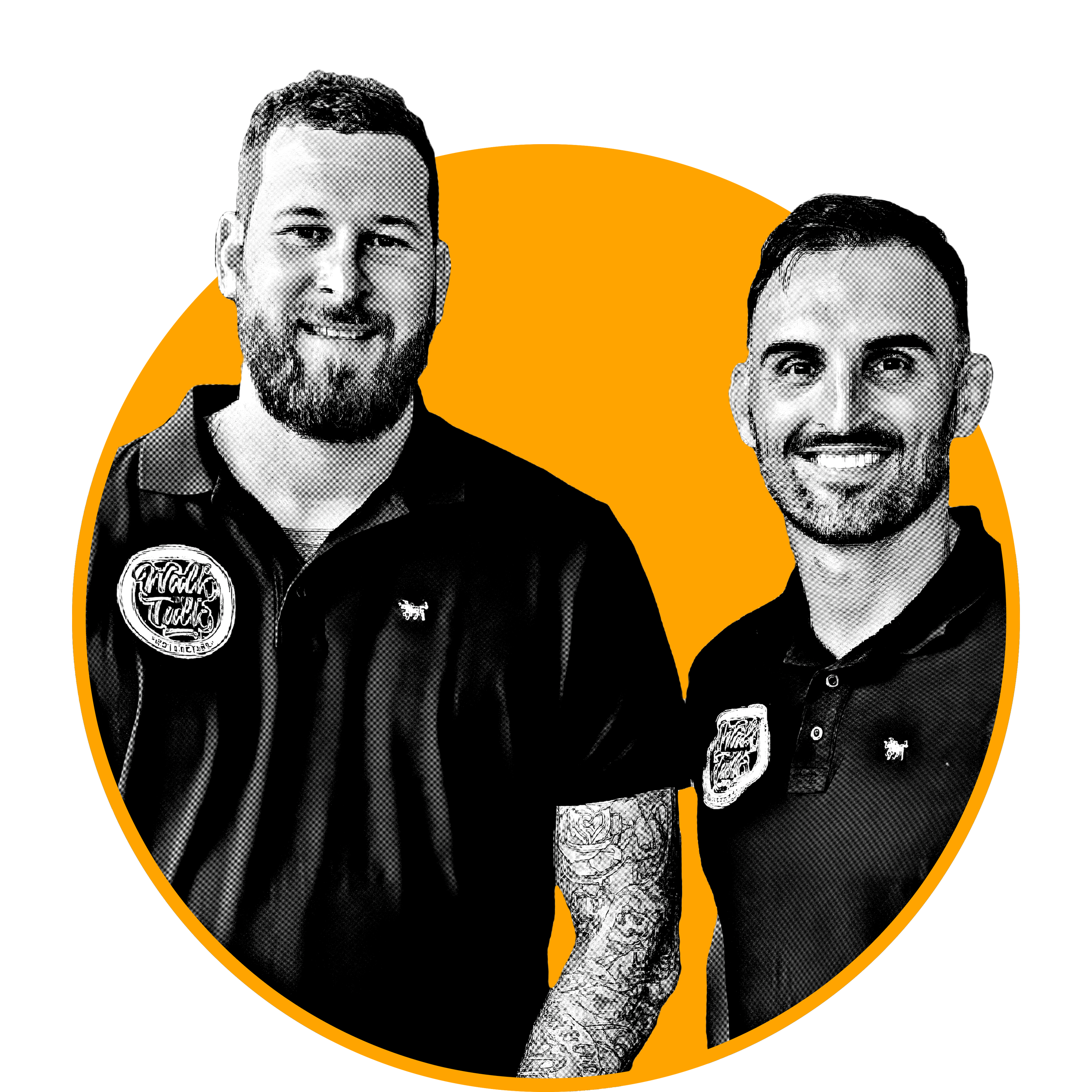 Black-and-white photo of two smiling men wearing black polo shirts with patches, standing together against an orange and black background.