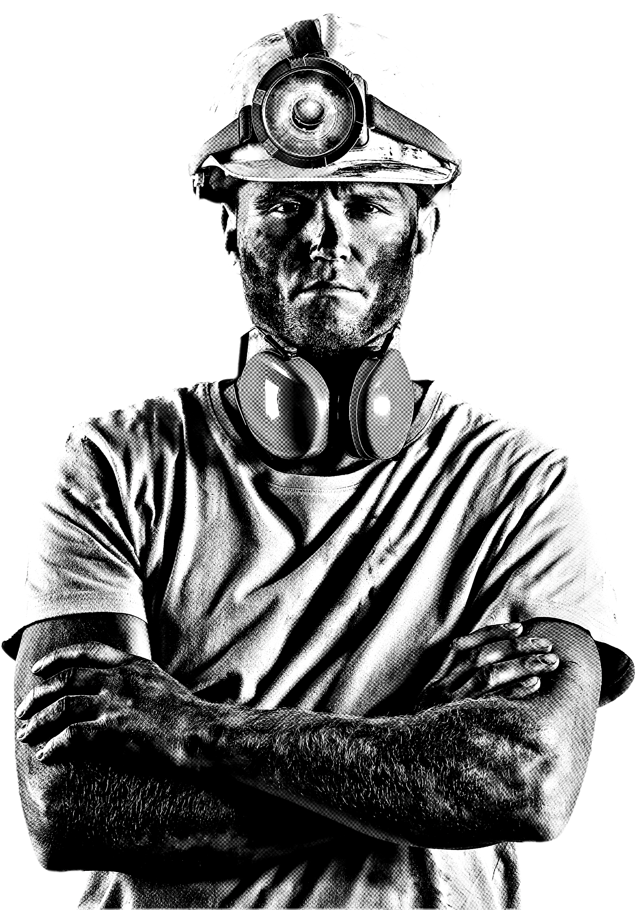 Black and white image of a construction worker wearing a helmet with a headlamp, safety headphones around his neck, and a casual shirt, standing with arms crossed against a black background.