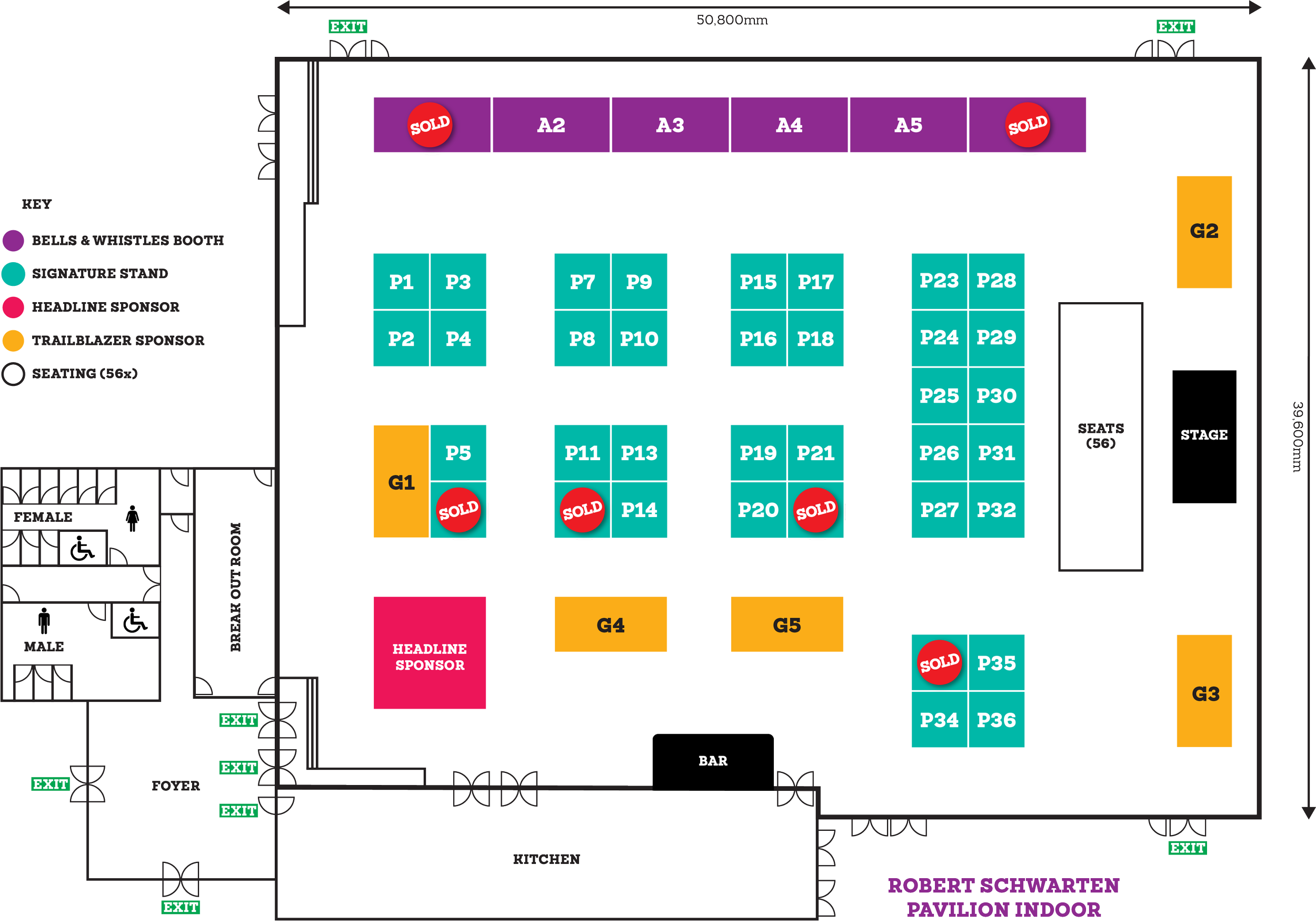 Floor plan of an event pavilion showing seating arrangements, sponsor booths, exits, stage, bar, kitchen, restrooms, and sections marked with labels and numbers, including sold tickets and sponsor zones.