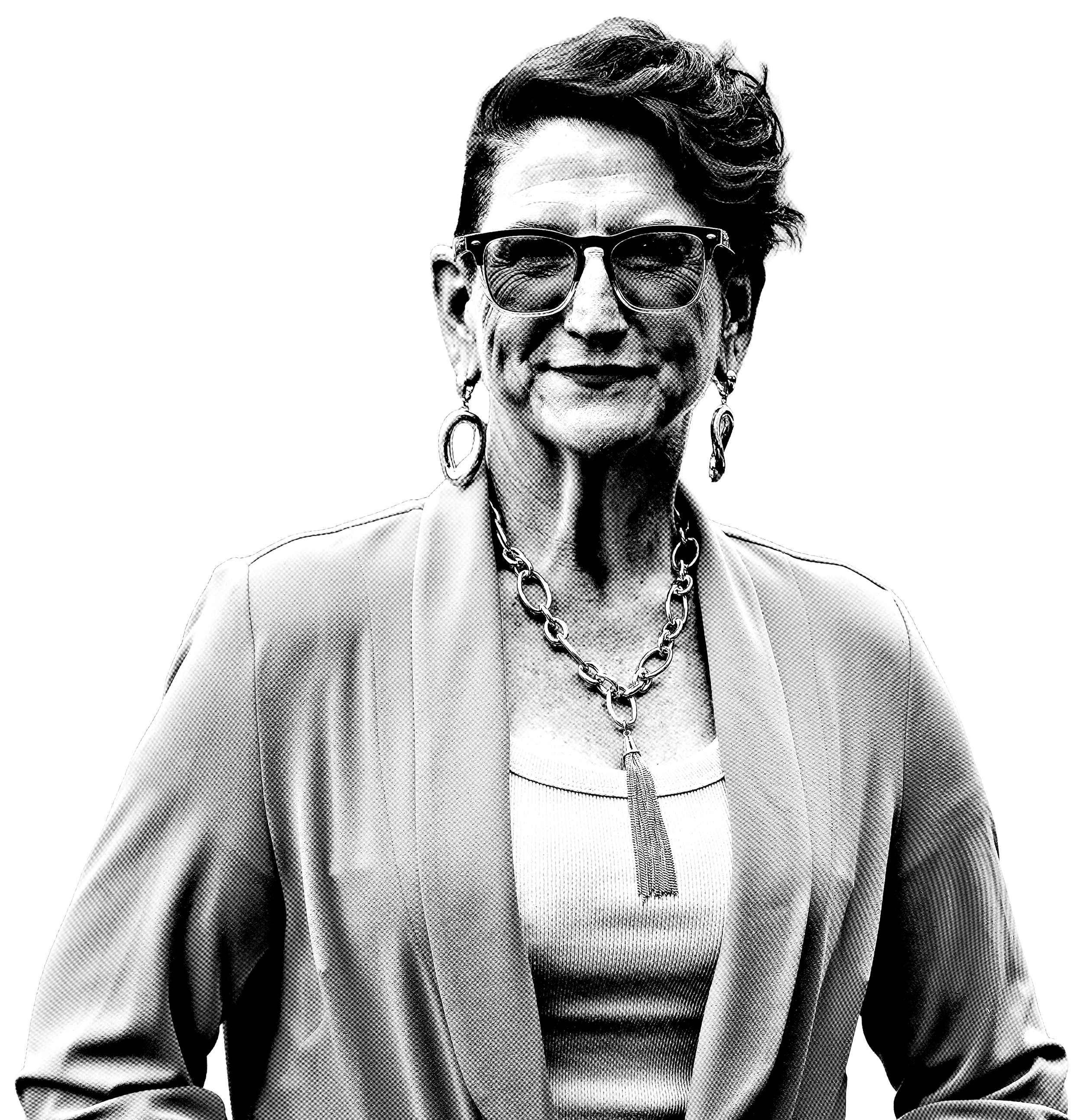 A black and white digital portrait of an older woman with short hair, wearing glasses, earrings, a chain necklace with a tassel pendant, a light-colored blazer, and a light top, smiling against a black background.