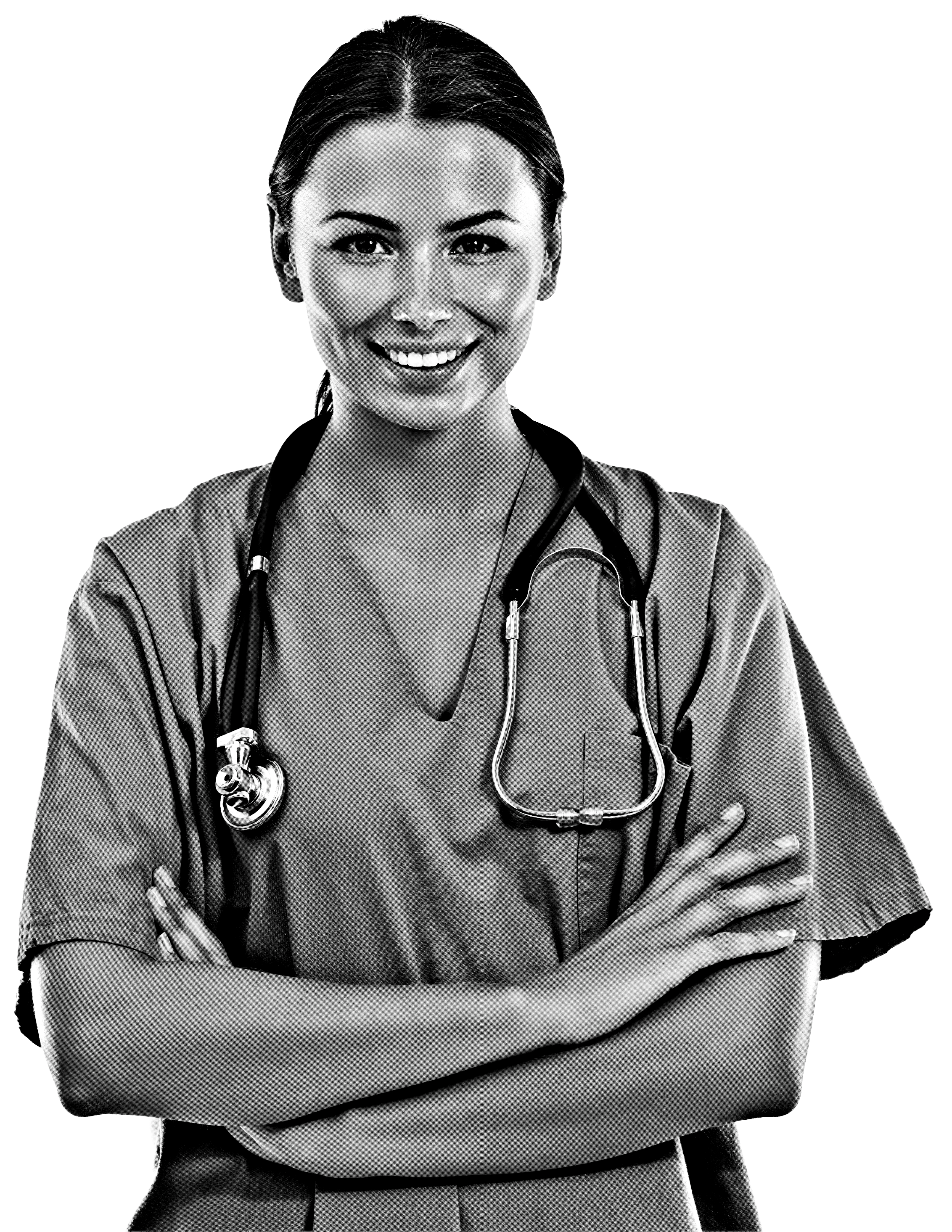Black and white photo of a confident female healthcare professional wearing scrubs and a stethoscope, with arms crossed and smiling.
