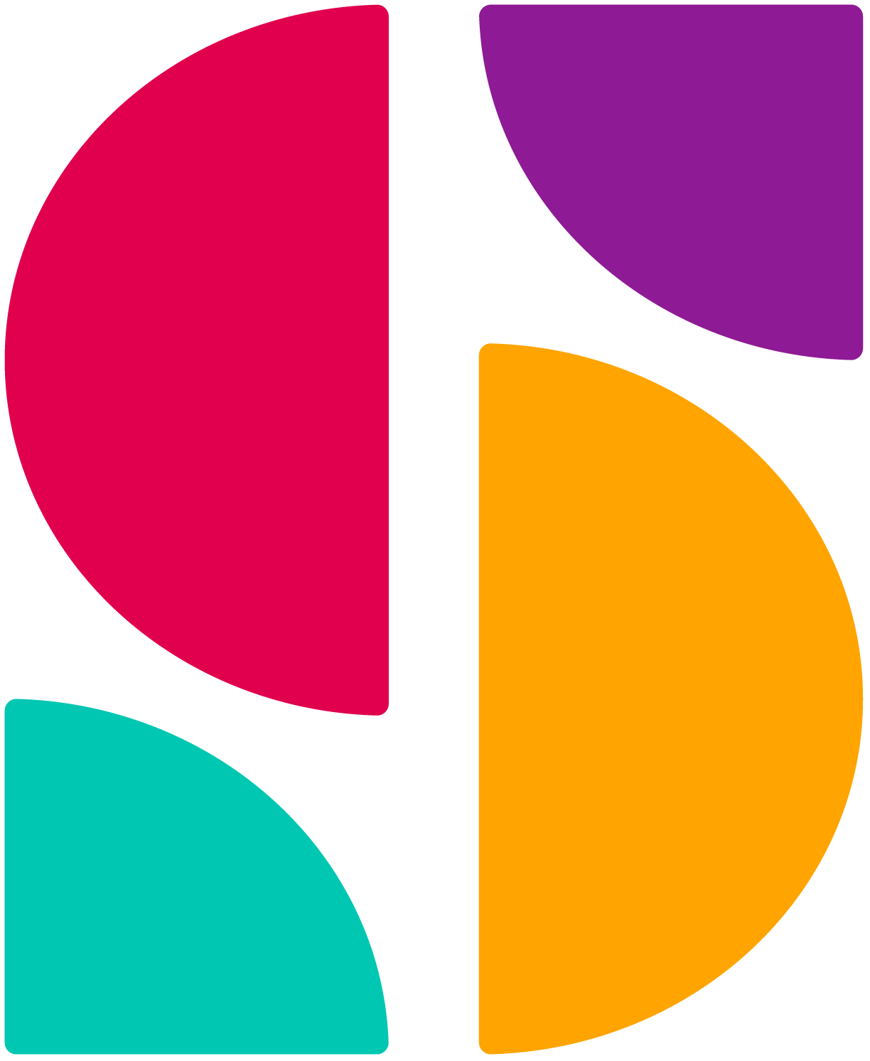 Four colorful quarter-circle shapes arranged to form a larger circle, with each quarter in red, purple, orange, and teal.