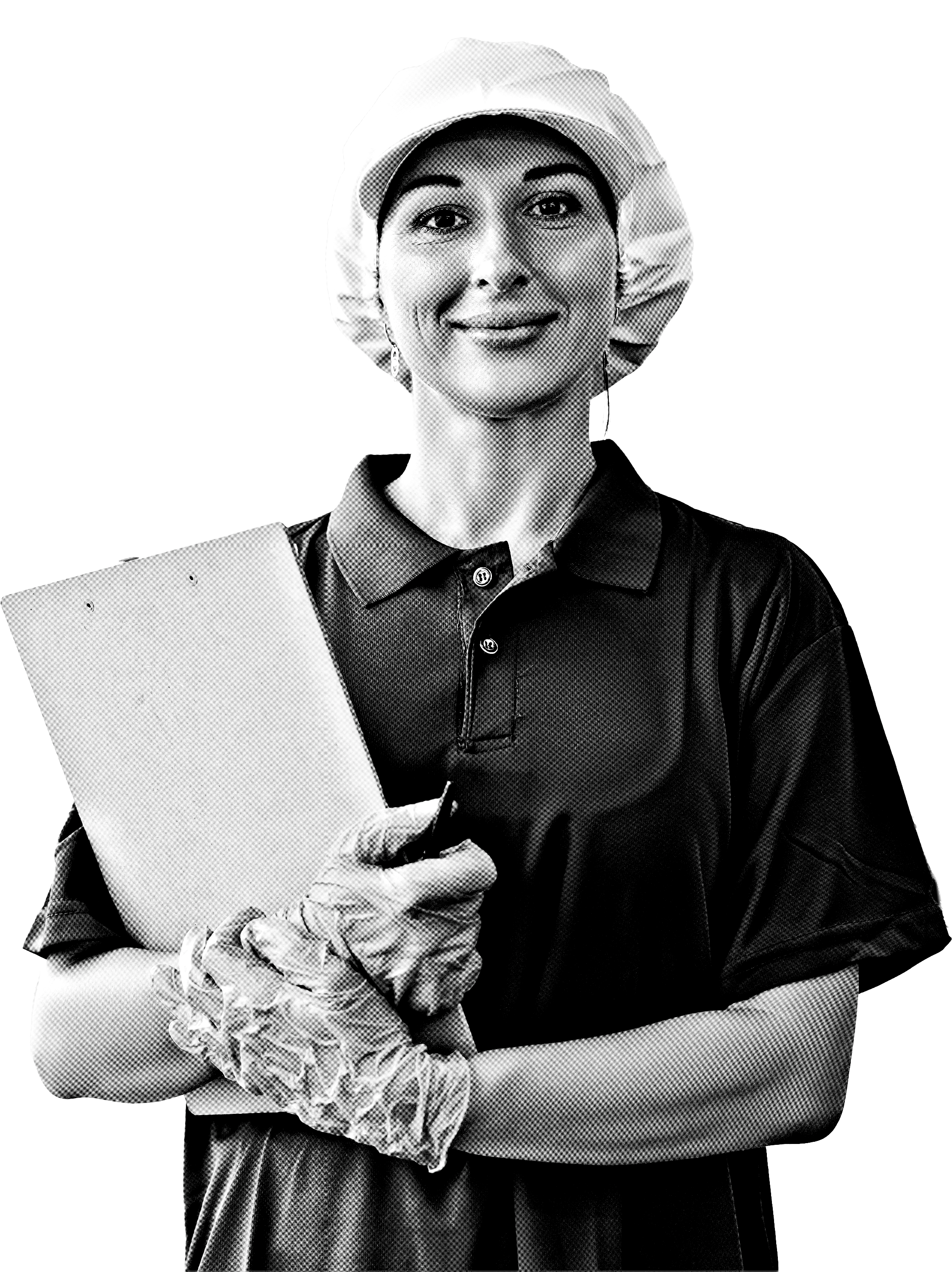 A woman wearing a hairnet, black polo shirt, and gloves holding a clipboard, smiling at the camera.