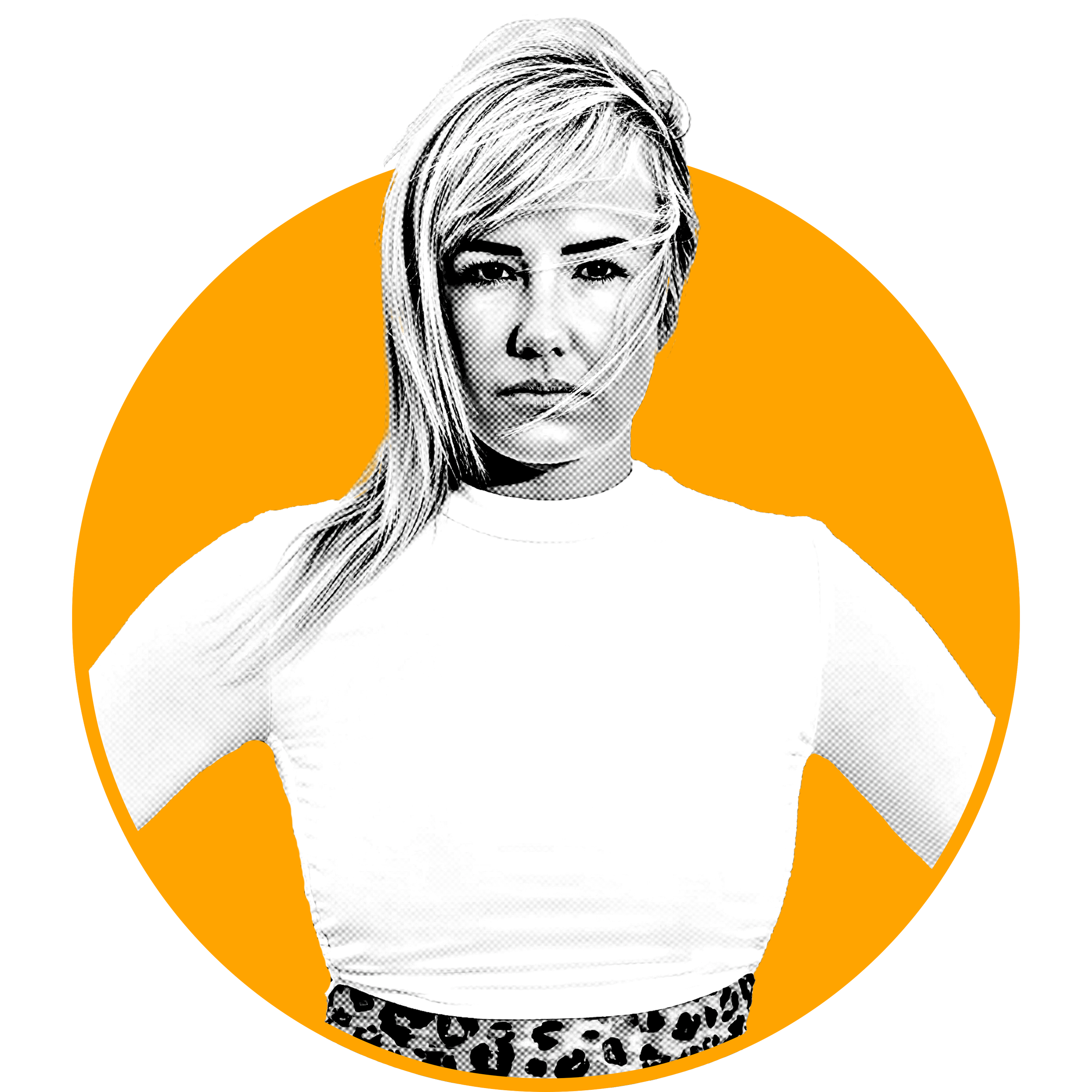 Black and white photo of a woman with blonde hair, wearing a white shirt and leopard print skirt, standing with hands on her hips against a background with orange, black, gray, and blue geometric shapes.