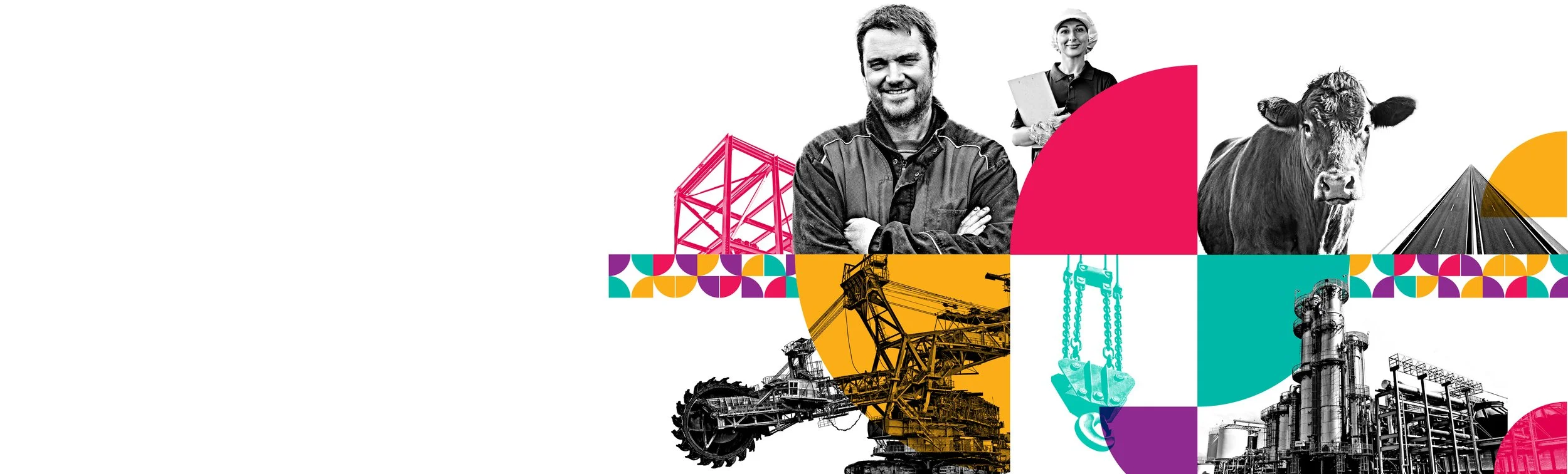 Collage of people and industrial images with colorful geometric design elements.