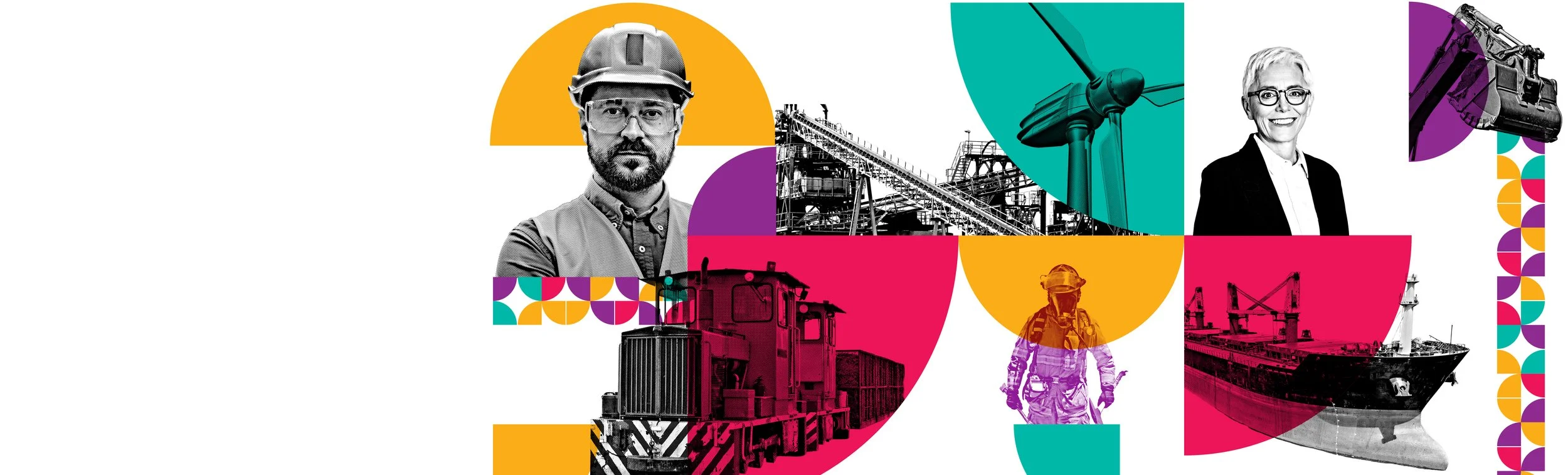 Collage of industrial and infrastructure workers and machinery, including a man in a hard hat, a woman with glasses, a train, an oil refinery, a worker in safety gear, a cargo ship, and wind turbines, with colorful geometric shapes in the background.