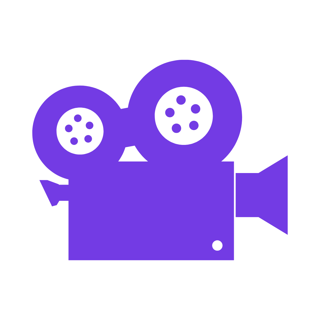 Icon of a vintage film camera in purple color with two film reels on top and a lens on the front.