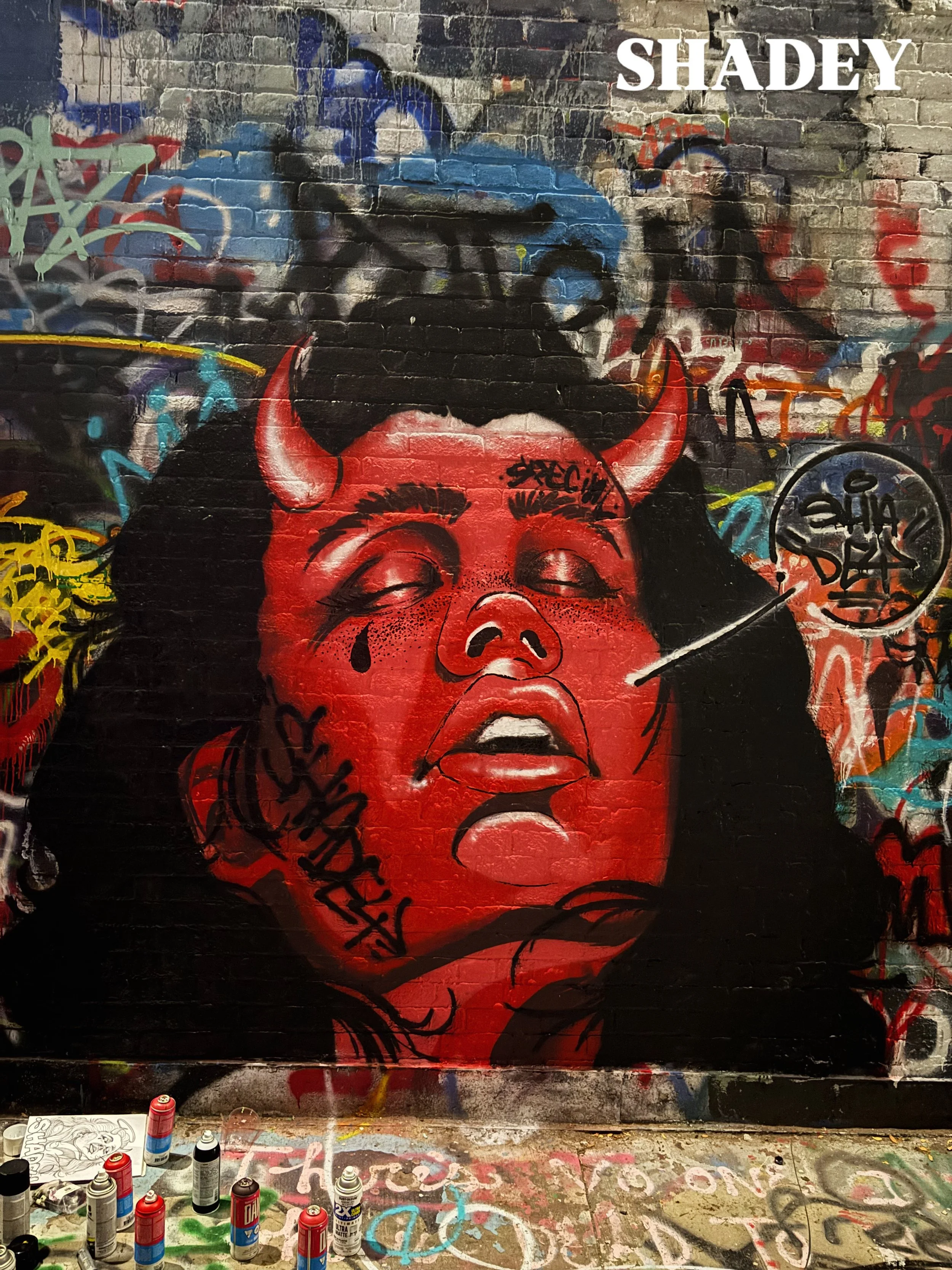 Graffiti mural of a woman with her eyes closed and her head tilted back, painted on a brick wall. The woman has dark hair, red skin, and horns on her forehead, with various graffiti tags around her face.