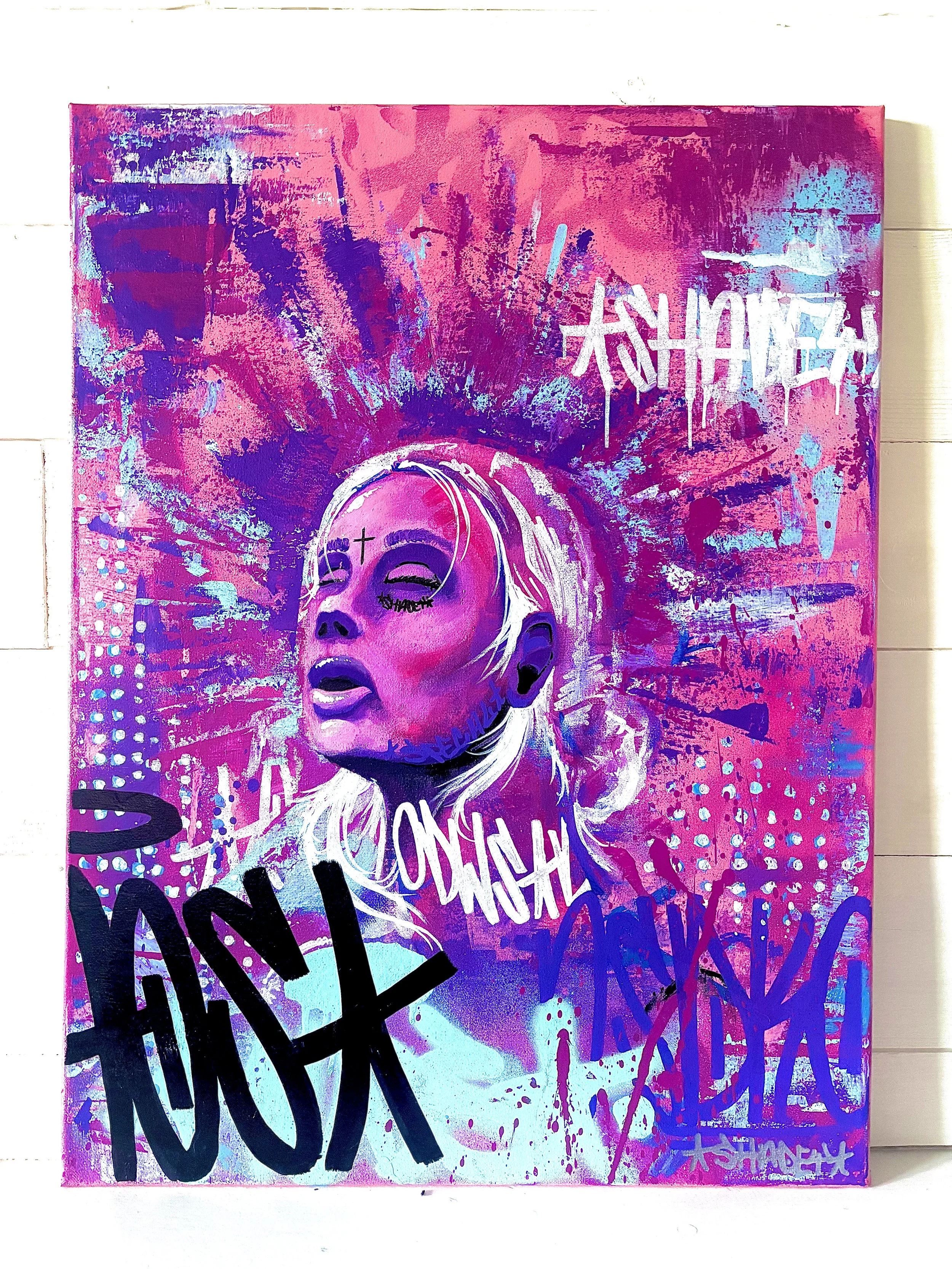 A vibrant graffiti-style portrait of a woman with blonde hair, eyes closed, with her head tilted back. The background is filled with pink, purple, and blue paint splatters and graffiti tags, including the words 'YAHUAH' and various other scribbles.