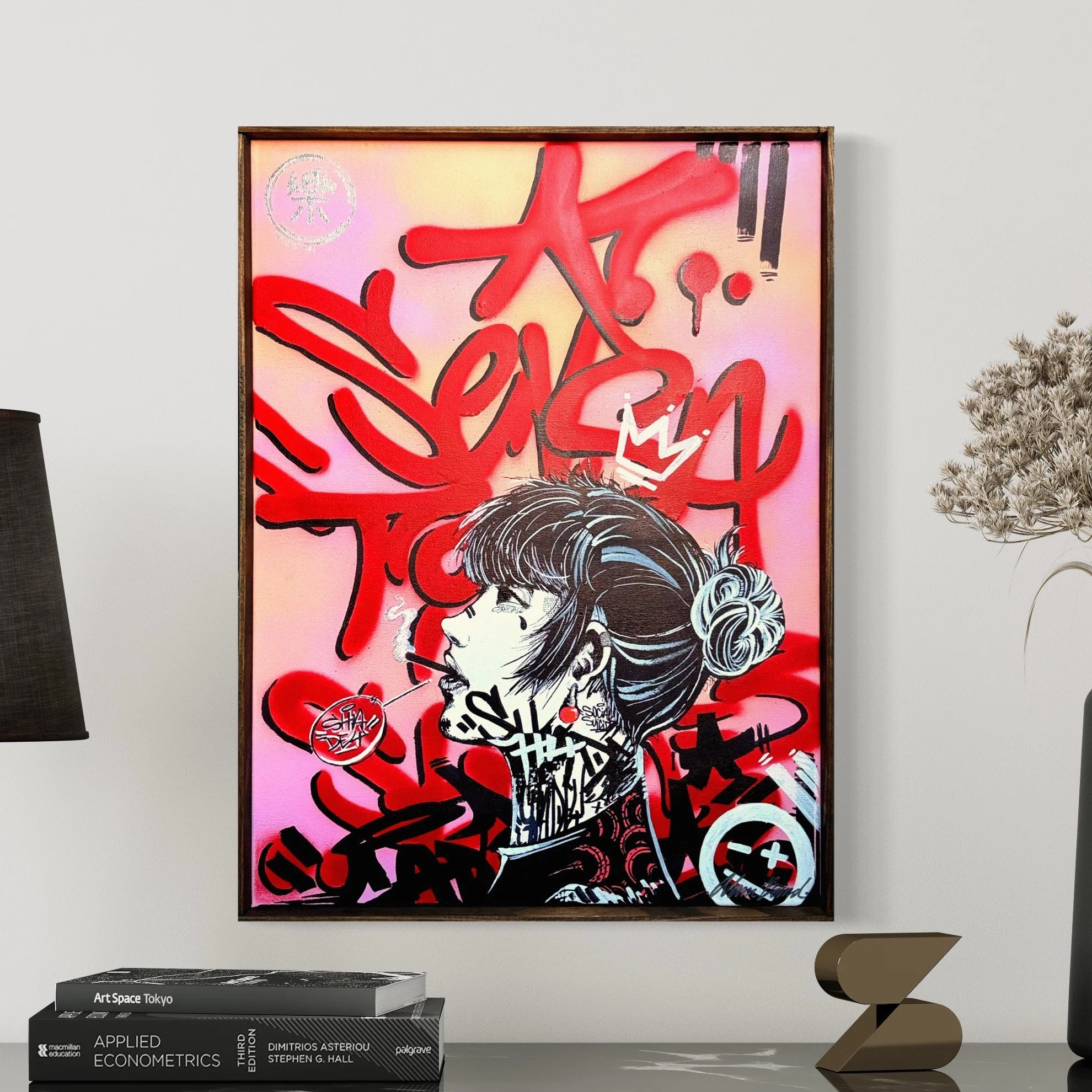 A colorful urban art painting of a woman with dark hair in a bun, smoking a cigarette, surrounded by red, black, and pink graffiti tags and symbols.